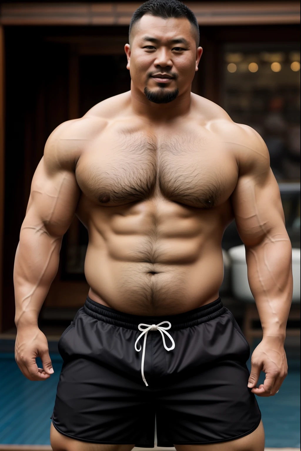 A Mongolian man poses for a group photo wearing sports shorts, mongol，bald-headed，Thick body hair，mid-shot of a hunky, Strong masculine characteristics, sexy muscular body, partially male hairy torso,masculine and strong，sexy muscular upper body,Fat belly,light tan skin, robust stocky body, beefy, belly button showing, half man half asian black bear, potbelly, dad bod, half man half asian black bull,