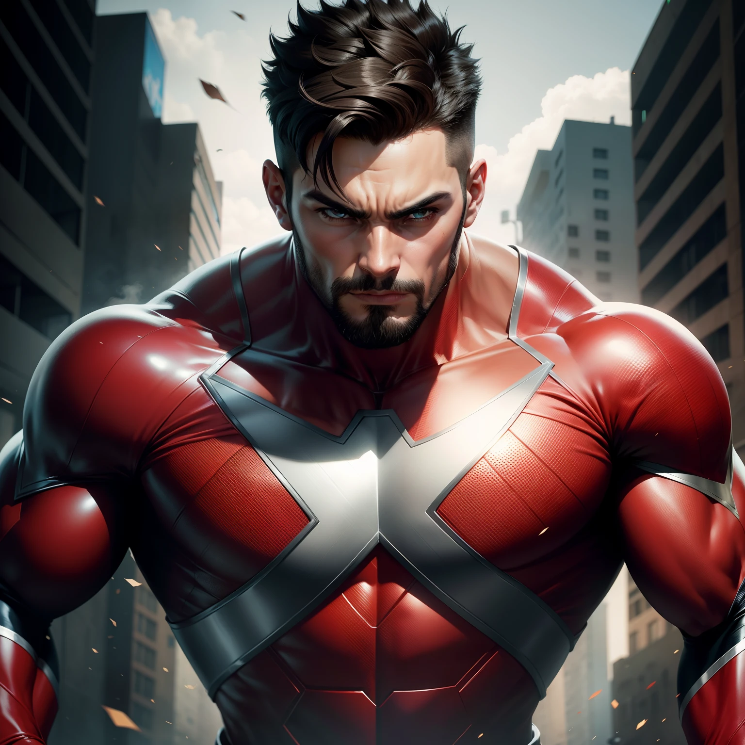 Superhero, sem capa, hero uniform, sem barba, short disguised hair, cabelos preto, muito forte, musculoso, uniforme vermelho, poderoso