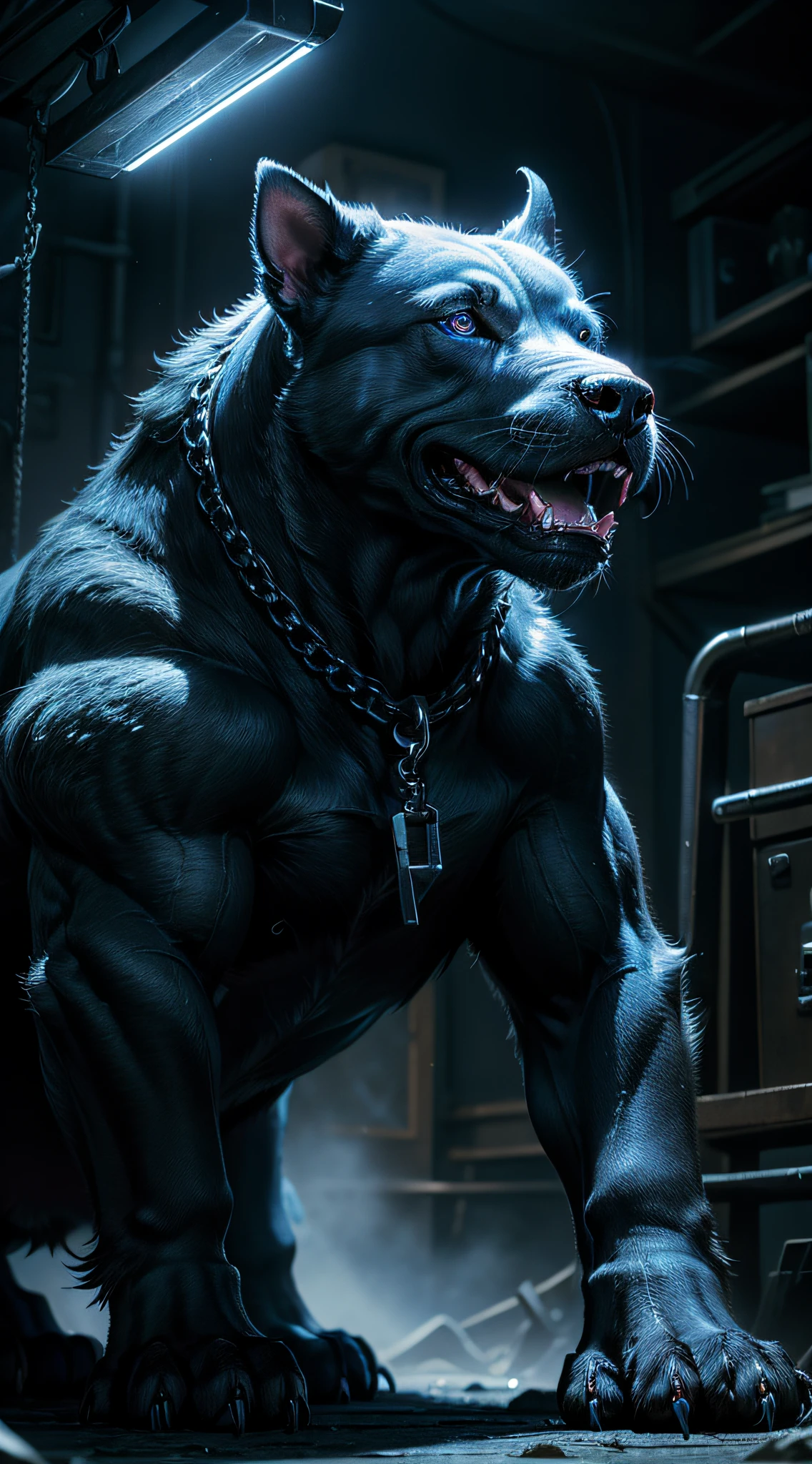 8k, realistic, vray, HDR, an extremely strong, robust pit monster dog, blue eyes, wide and strong paws, thick chains, ((eyes emitting red glow):1.3)