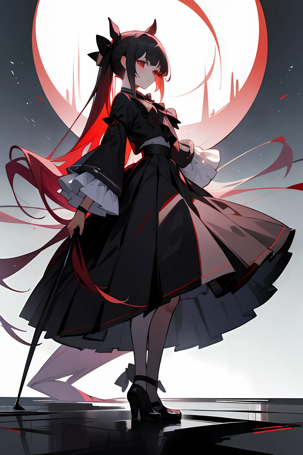 tmasterpiece, Best quality at best, A high resolution, red eyes,maidennurse,dual horsetail ,Clothing cutting, longer sleeves,long skirt, The shirt, Black bow, black glove, Black pleated skirt, cowboy photo, standing on your feet, Rinse your nose, exteriors