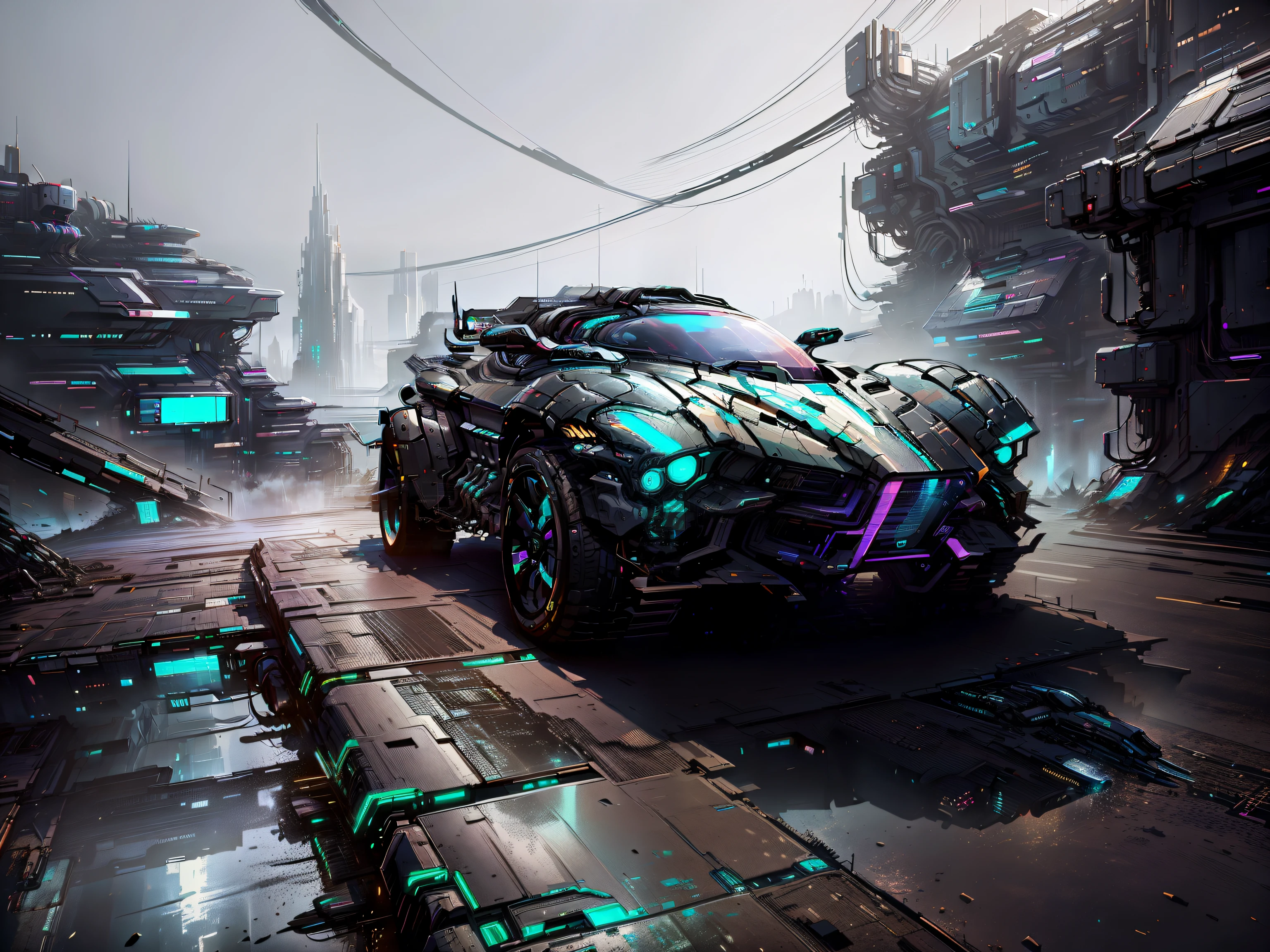 carro futurista mantendo a originalidade, Cyberpunk, 3d, background of large, futuristic buildings