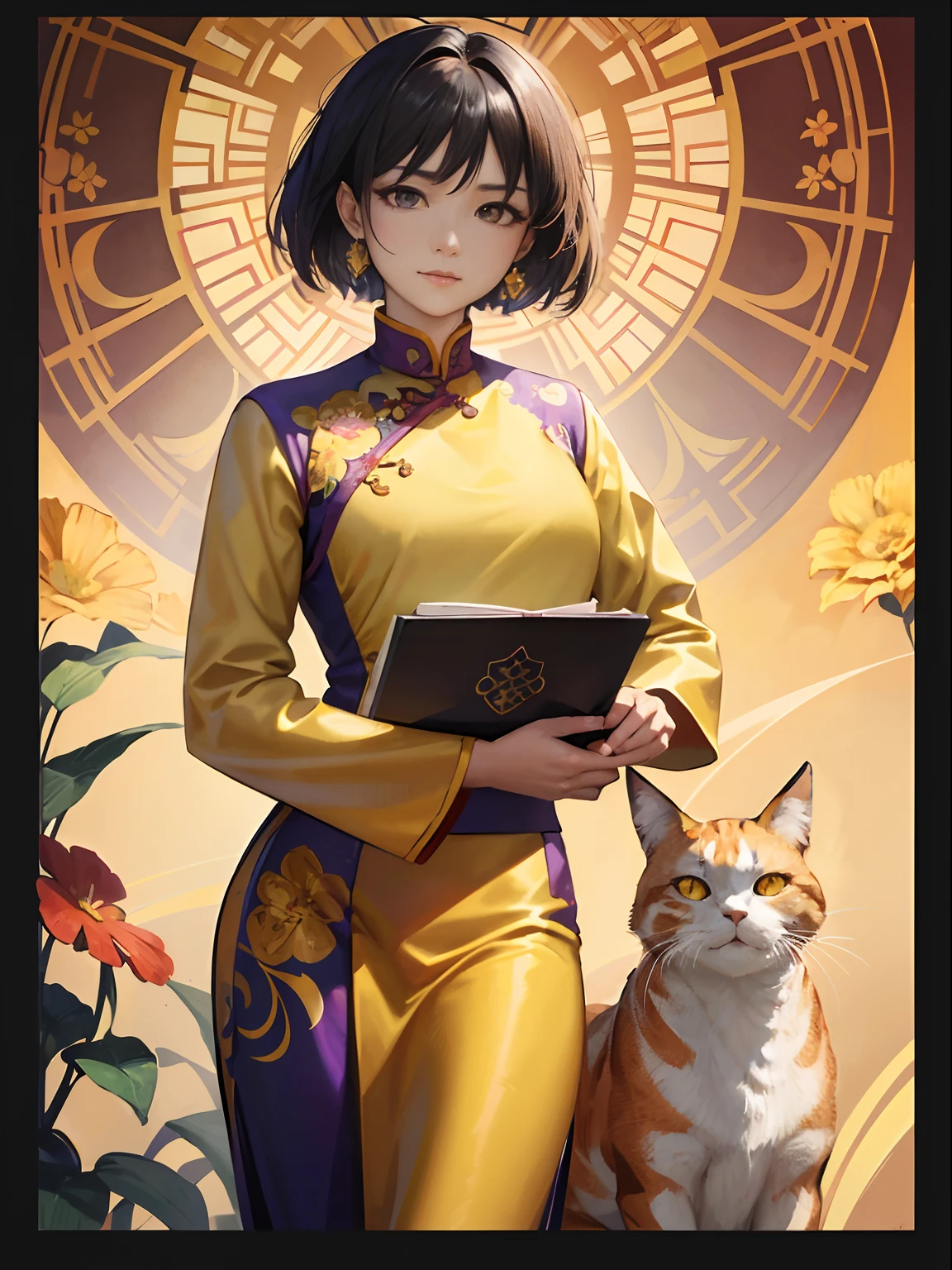 Facial portrait of Vietnamese woman with giant orange cat，short brown hair, yellow ao dai, purple Floral frame，Decorative panels，abstract artistic，Alphonse Mucha（tmasterpiece，best qualtiy，A high resolution：1.4），A detailed，complexdetails，4K，splash of color，Line art，Fibonacci,Cute white cat