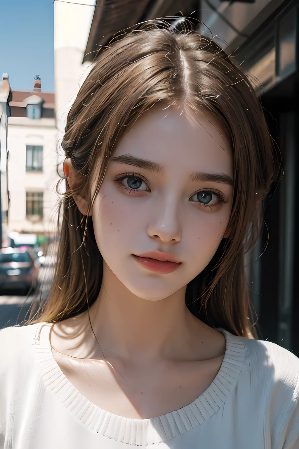 ((pure beauty:0.8,ssmile,[white colors:1.2+detaileds:1.1+textured skint:1.2]), (Chiaroscuro:1.1+Shadowing:1.1+High Texture:1.1), (((high-level image quality:1.2)+(hight resolution:1.1)+(hyper HD:1.3)),1girll)，full body Esbian，Tall nose bridge，sideface，plumw，street corner