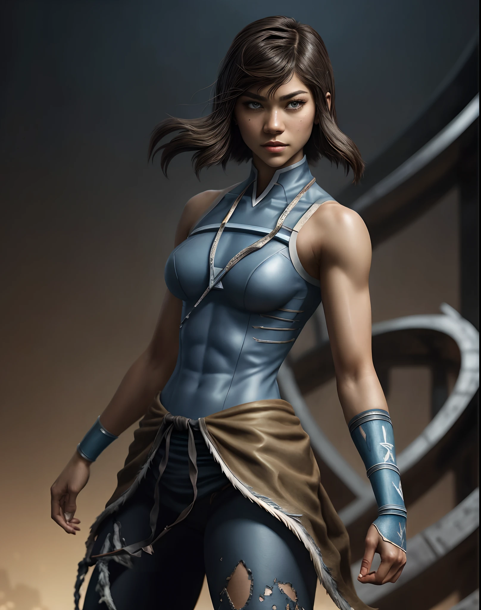 Zendaya like Korra, sightly muscled, messy hair, Full body, Beautiful anime waifu style girl,hyperdetailed painting, luminism, art by artgerm, concept art, dark background, abstract beauty, approaching perfection, pure form, golden ratio, minimalistic, dark atmosphere, unfinished, concept art, intricate details, 8k post production, high resolution, hyperdetailed, trending on artstation, sharp focus, studio photo, intricate details, highly detailed,