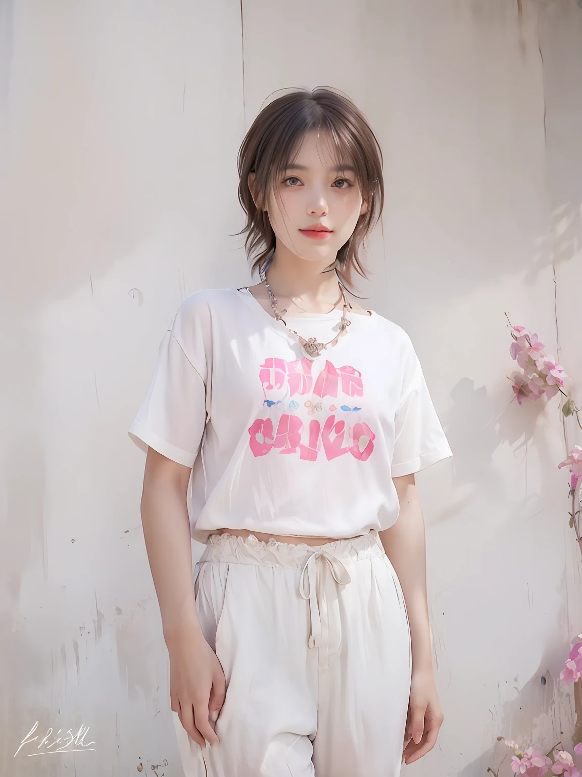 Best quality, Masterpiece, (Photorealistic:1.4), 1 girl, Upper body, Exposed short hair, Corset, necklace, Cute, Flowers around, outside,   -- Facial details:1.7 --