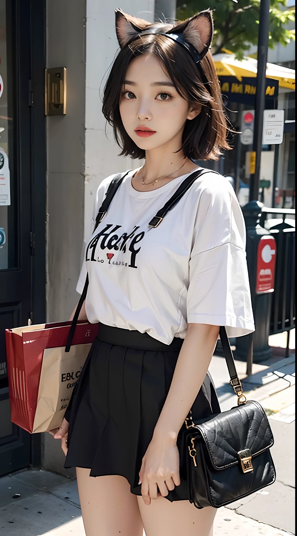 Woman wears kitten ears, loose clothes, black short skirt