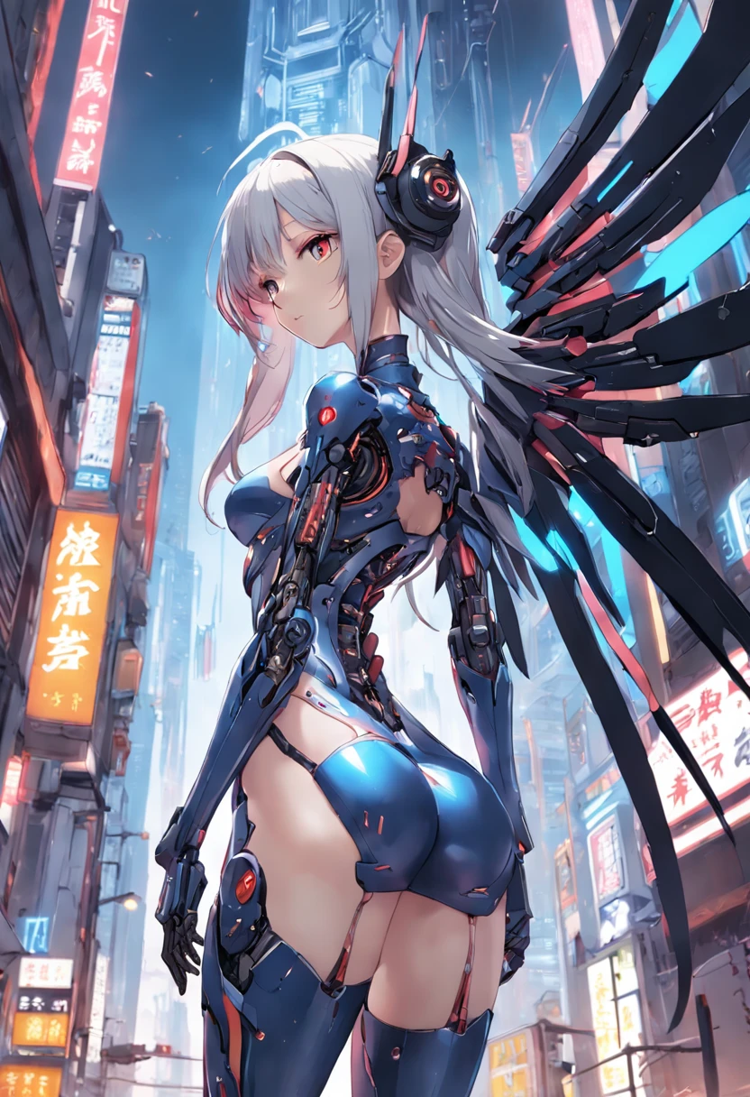 From Side、top-quality、ighly detailed、​masterpiece、ultra-detailliert、illustratio、((1girl in))、silber hair、length hair、Floating hair、Exoskeleton tights、mechs、Cyber City、Neon building、(The upper part of the body:1.05)、extremely_Detailed_Eyes_And_Face,cybernetic wings、mechanical wing、Fighting stance、Skyscraper、、mecha musume、shrine maiden