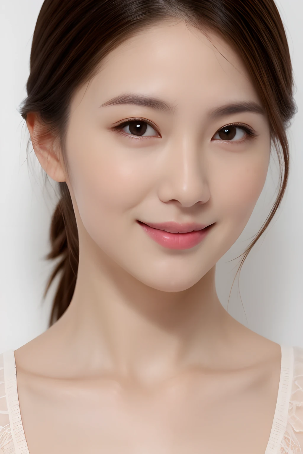 pretty girl, (brown hair), ((very bun hair)), perfect face, innocent smile, Upper body,(Cerulean Eyes), (yan), (small), (thin), ((flat chest)), ((16 only)), skin dents, extreme details, attractive oval face, red lips, pink, Glossy skin, fine hair, face focus, close up of chest, luxurious hair ornament, gold earrings, ((1 girl)), embarrassed look,