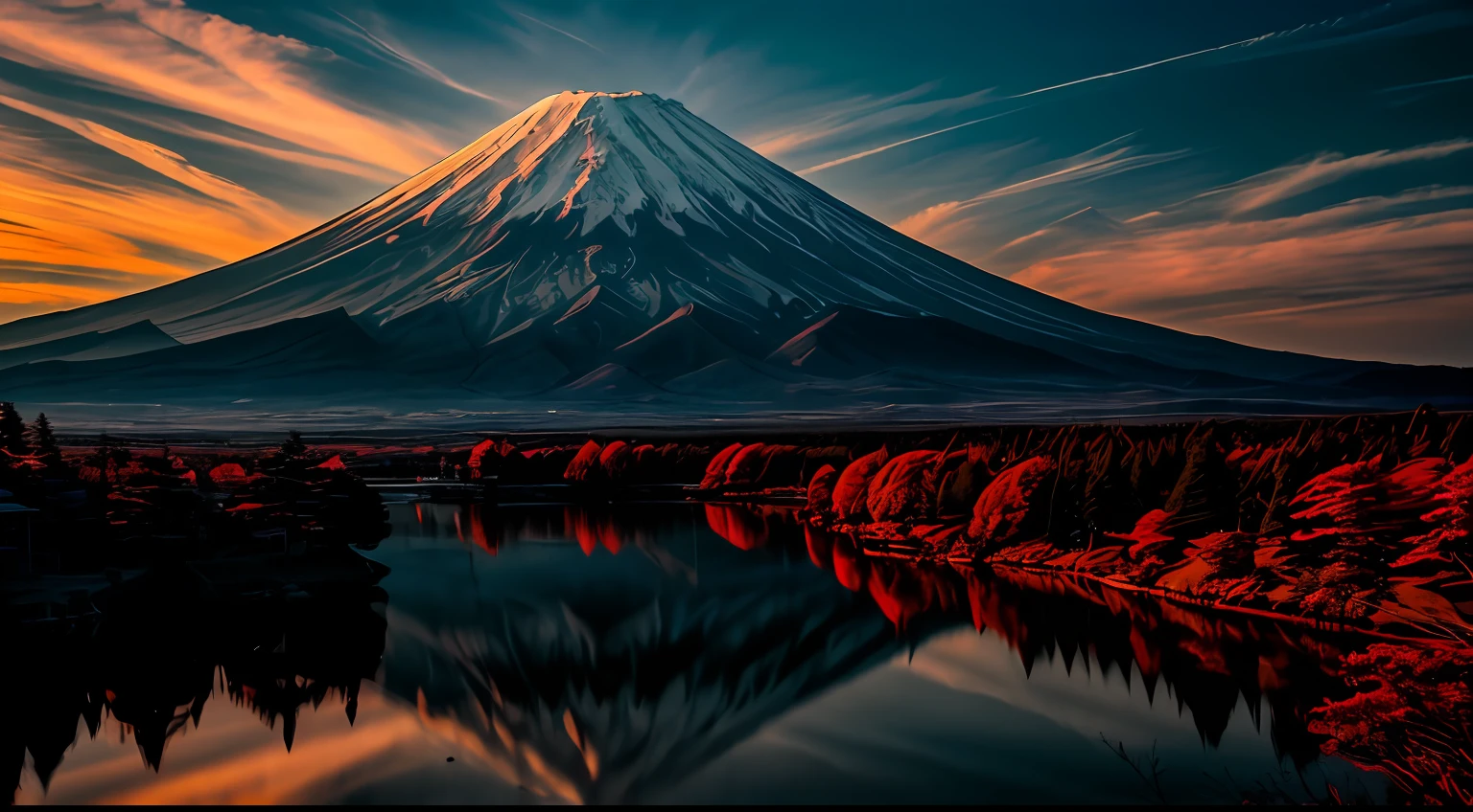 RAW photos of Mount Fuji, delicately beautiful photorealistic, detail, photorealistic, ultra-realistic photos, 8k UHD, DSLR, dazzling sun, high quality, film grain, fujifilm XT3, (masterpiece), majestic Mt. Daisen, reflection on the surface of the lake, red Fuji, bright red mountain surface, red sky, flowing clouds, red clouds, old lens, strong light, backlight, (ghost,)