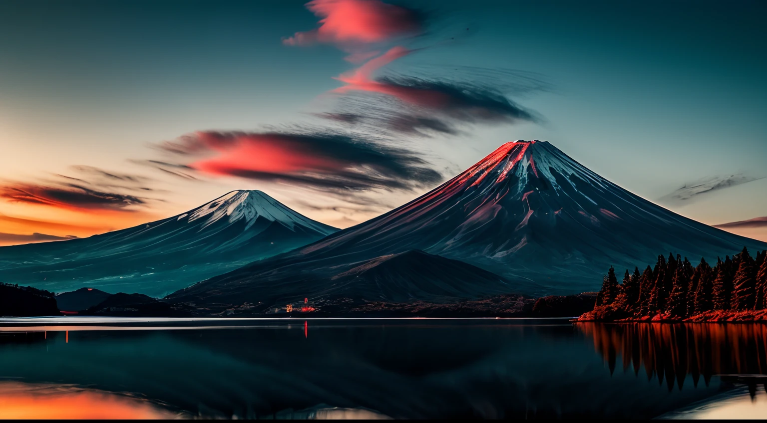 RAW photos of Mount Fuji, delicately beautiful photorealistic, detail, photorealistic, ultra-realistic photos, 8k UHD, DSLR, dazzling sun, high quality, film grain, fujifilm XT3, (masterpiece), majestic Mt. Daisen, reflection on the surface of the lake, red Fuji, bright red mountain surface, red sky, flowing clouds, red clouds, old lens, strong light, backlight, (ghost,)