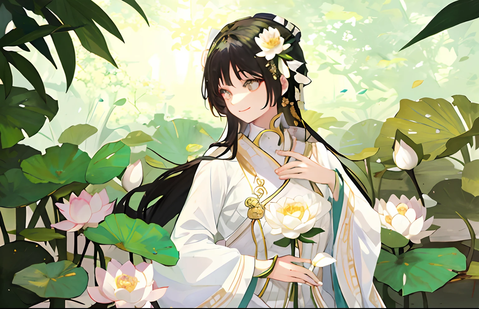 A masterpiece of soulful nature，The woman holds a lotus flower with buds waiting to be placed，Smile among the lotus leaves blooming around you，Wear delicate ornaments on the hairpin on the head。