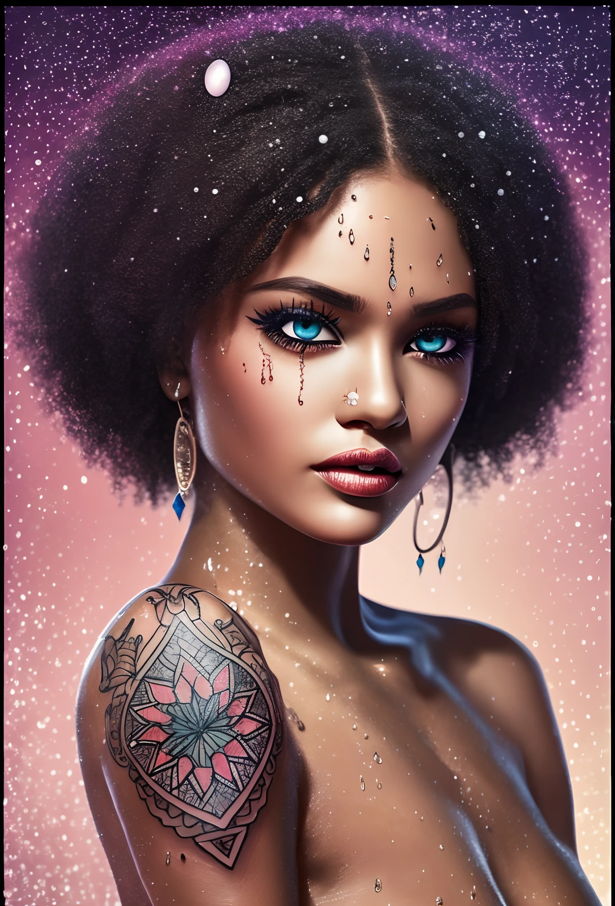 Vitreous enamel style, tattoo Indian colors close-up perfect human eye perfect iris sparkling outer space, wet wet look snow white eyeball, perfect eyelashes, Afro theme, hd, 8k, artstation, intricate details, 50K. --auto --s2