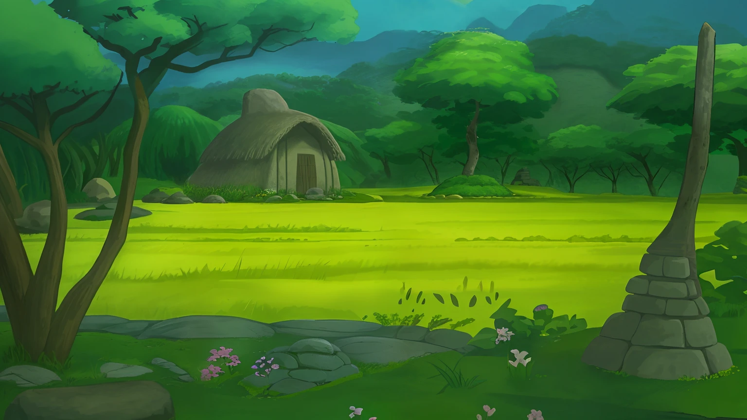 Stone Age,Primitive architecture,thatched hut,Tsuki Rock,grassy fields,rios,wisteria,the trees,a plant,