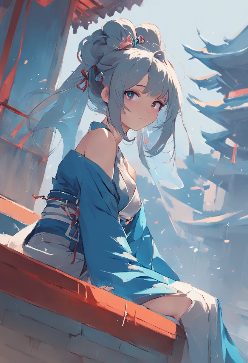 anime girl in a blue kimono dress sitting on a ledge, nice hands, nice face, nice body, alice x. zhang, artwork in the style of guweiz, ross tran 8 k, guweiz on artstation pixiv, guweiz on pixiv artstation, by Yang J, beautiful character painting, ross tran and wlop, palace, a girl in hanfu, ross tran style