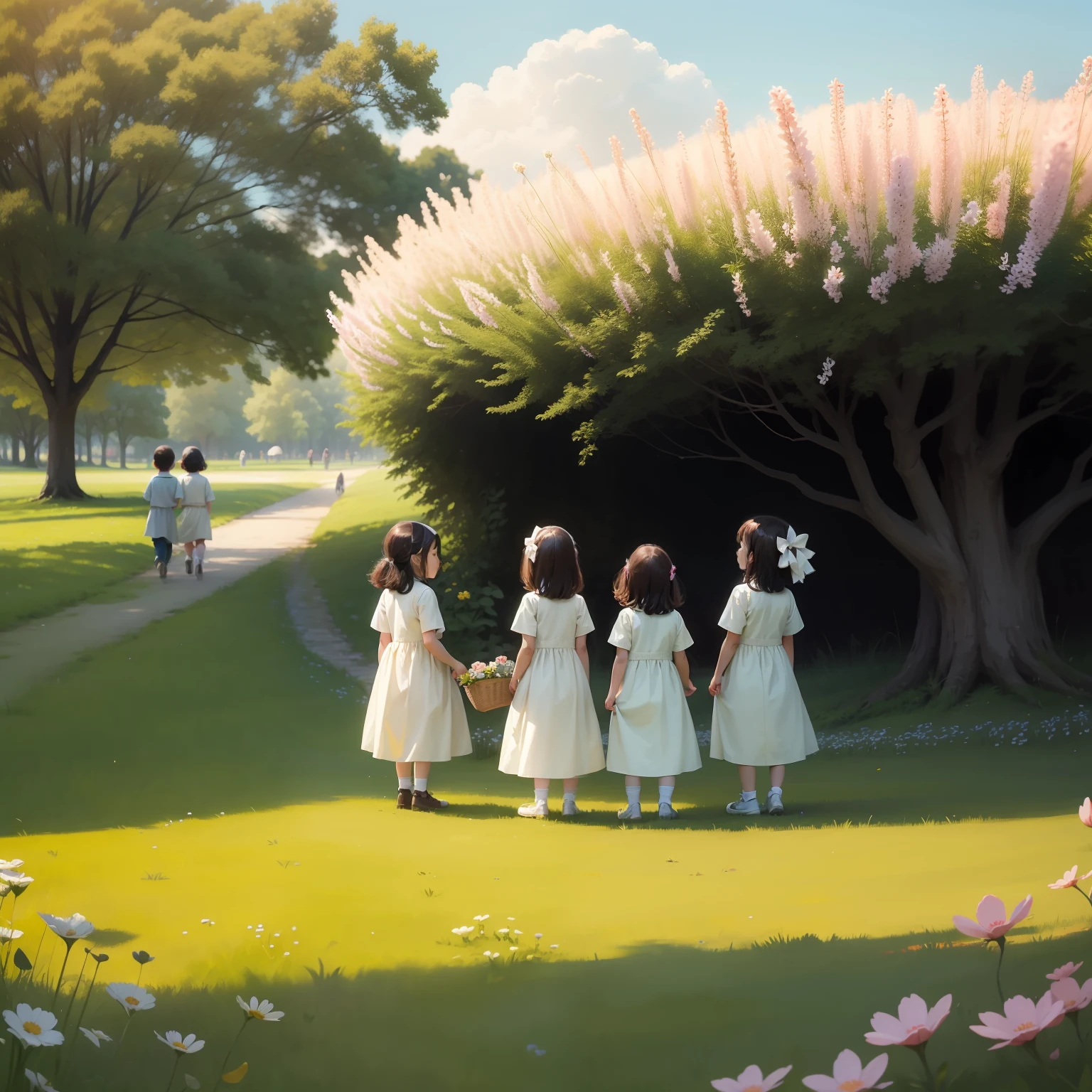A group of small children,On sunny meadows,Spring outing