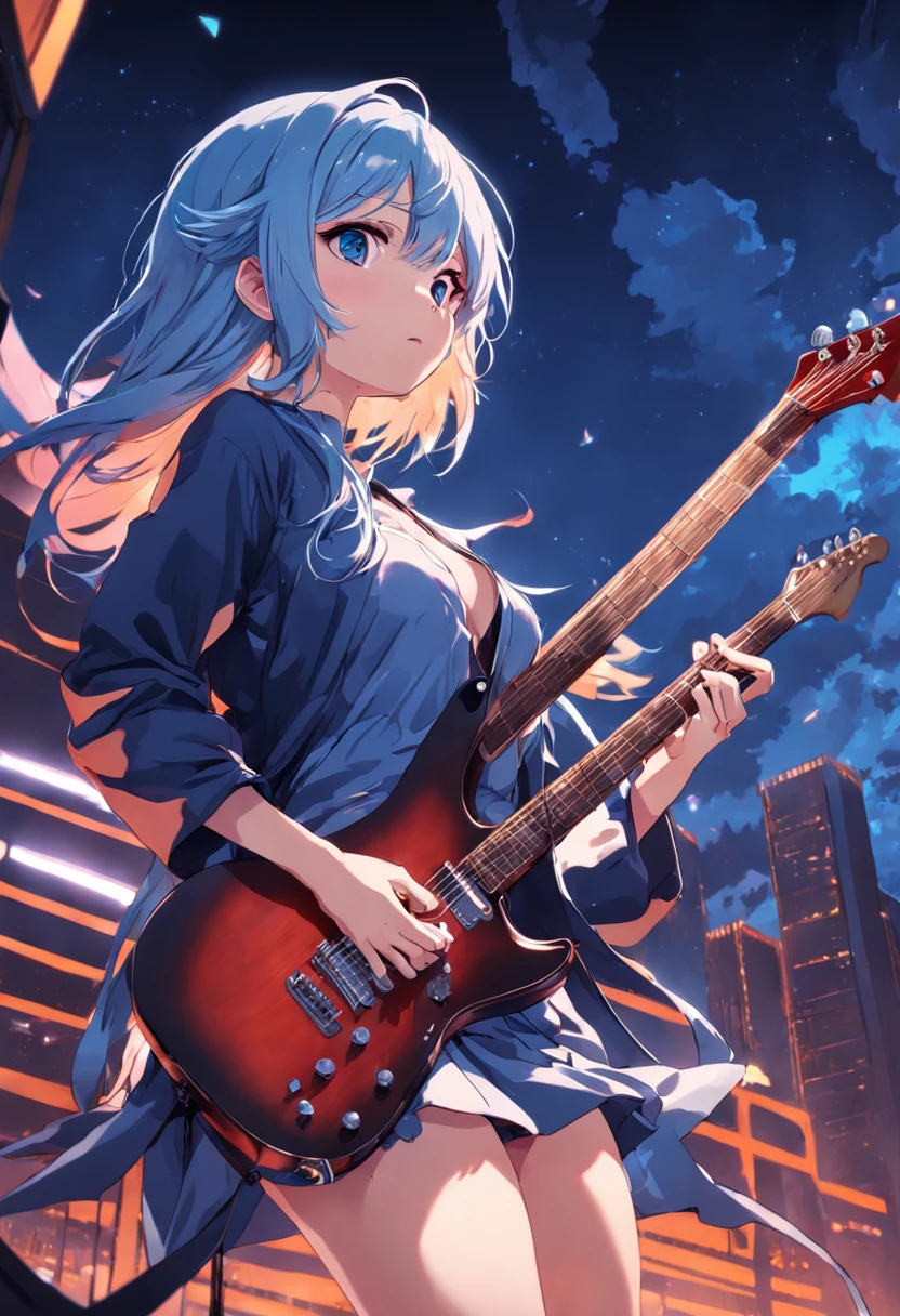 masterpiece,gorgeous, 1girl,naked, playing guitar, eletric guitar, nipples, traced lights,