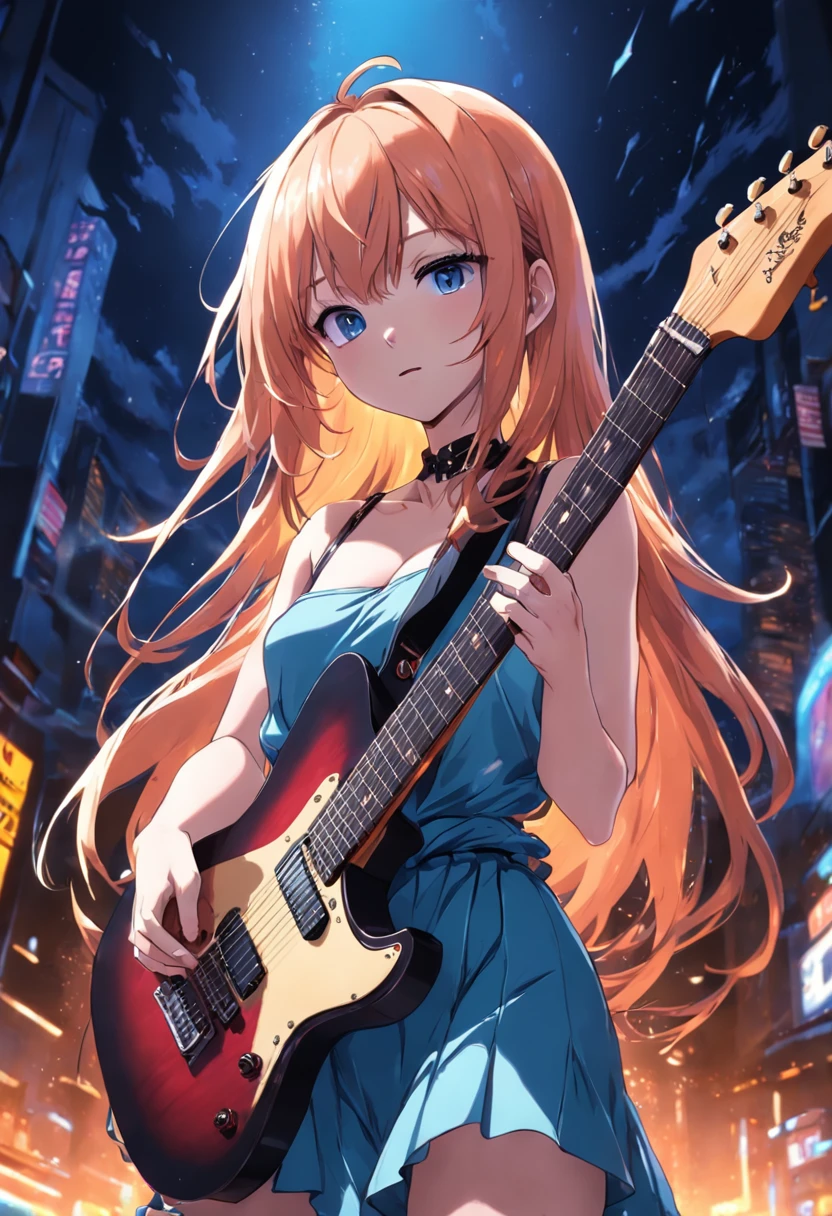 masterpiece,gorgeous, 1girl,naked, playing guitar, eletric guitar, nipples, traced lights,