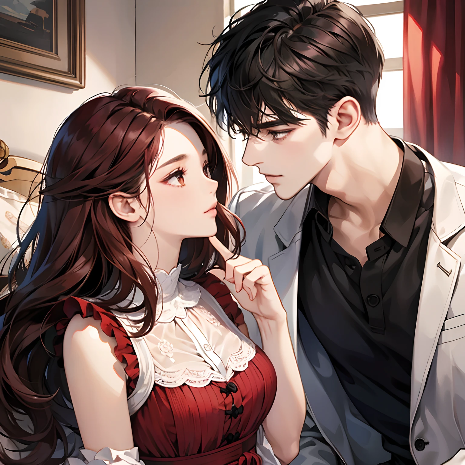 Couple, 1 girl 1 boy, different hair color, long red dark hair, short brown hair, romance, girl has big breasts