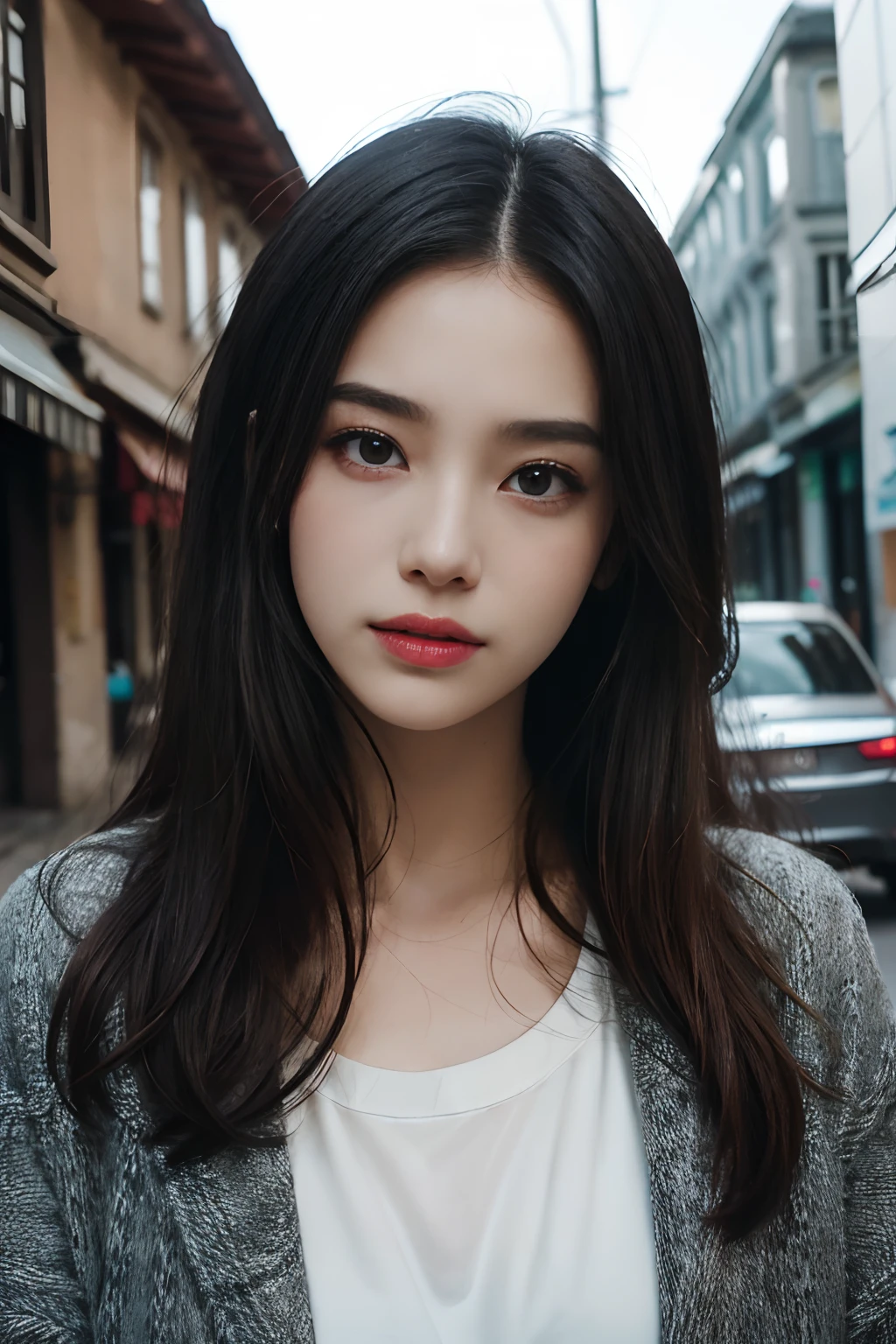 ((pure beauty:0.8,ssmile,[white colors:1.2+detaileds:1.1+textured skint:1.2]), (Chiaroscuro:1.1+Shadowing:1.1+High Texture:1.1), (((high-level image quality:1.2)+(hight resolution:1.1)+(hyper HD:1.3)),1girll)，full body Esbian，Tall nose bridge，sideface，plumw，street corner