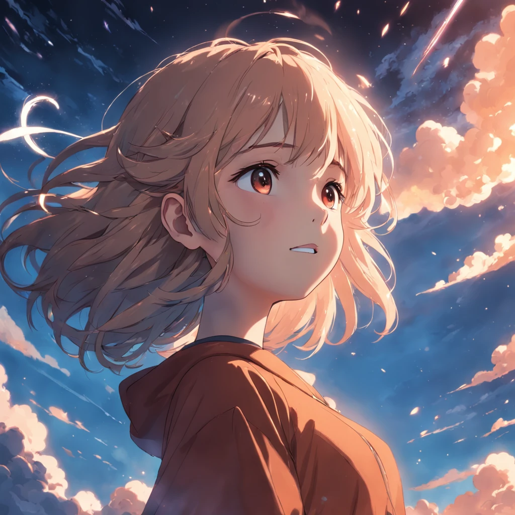masterpiece, best quality, movie still, 1girl, cloud girl, floating in the sky, close-up, bright, happy, warm soft lighting, sunset, (sparks:0.7)