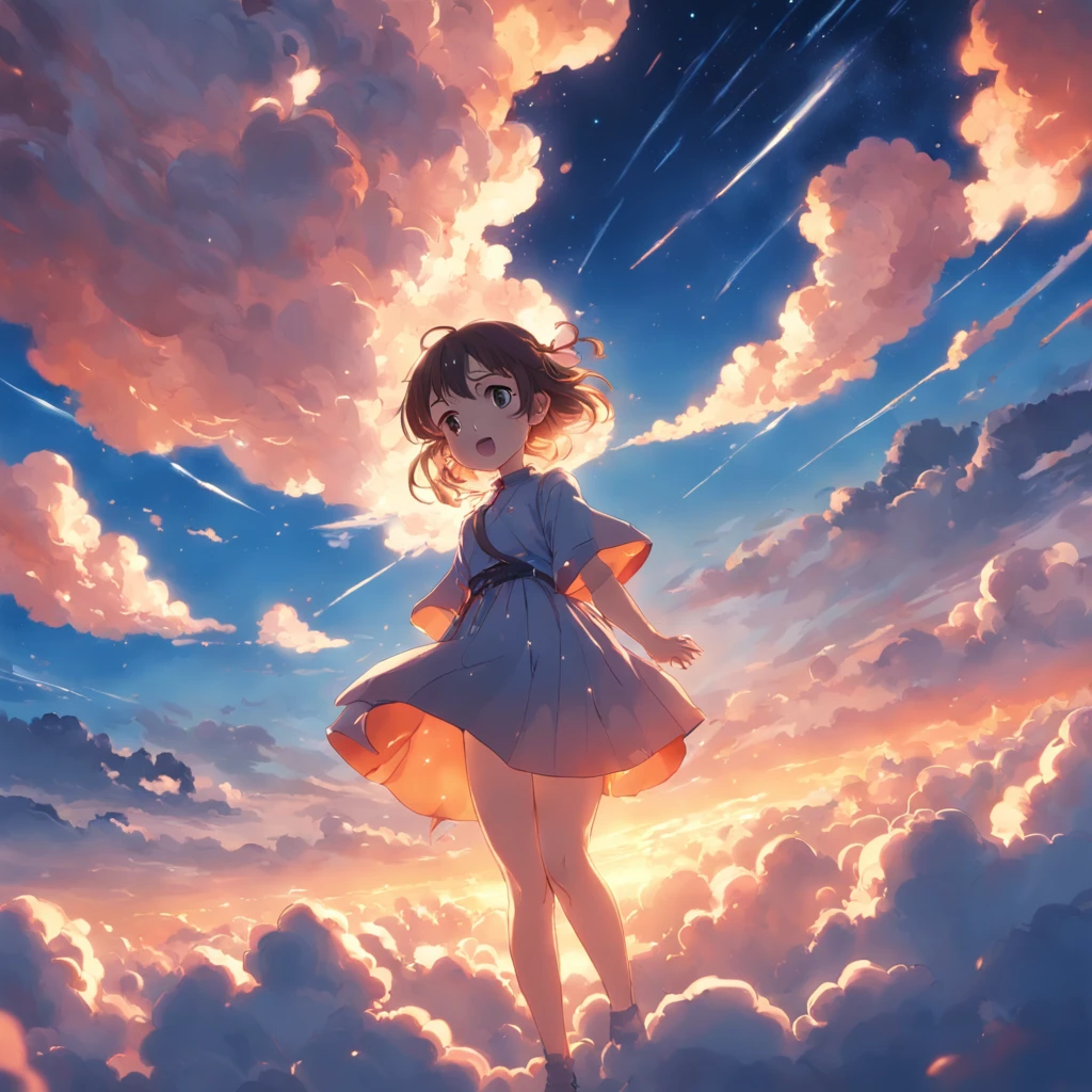 masterpiece, best quality, movie still, 1girl, cloud girl, floating in the sky, close-up, bright, happy, warm soft lighting, sunset, (sparks:0.7)