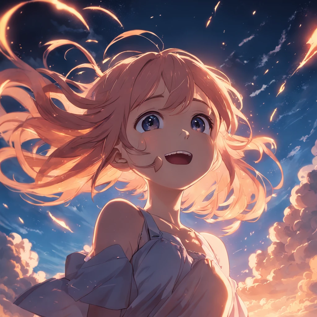 masterpiece, best quality, movie still, 1girl, cloud girl, floating in the sky, close-up, bright, happy, warm soft lighting, sunset, (sparks:0.7)