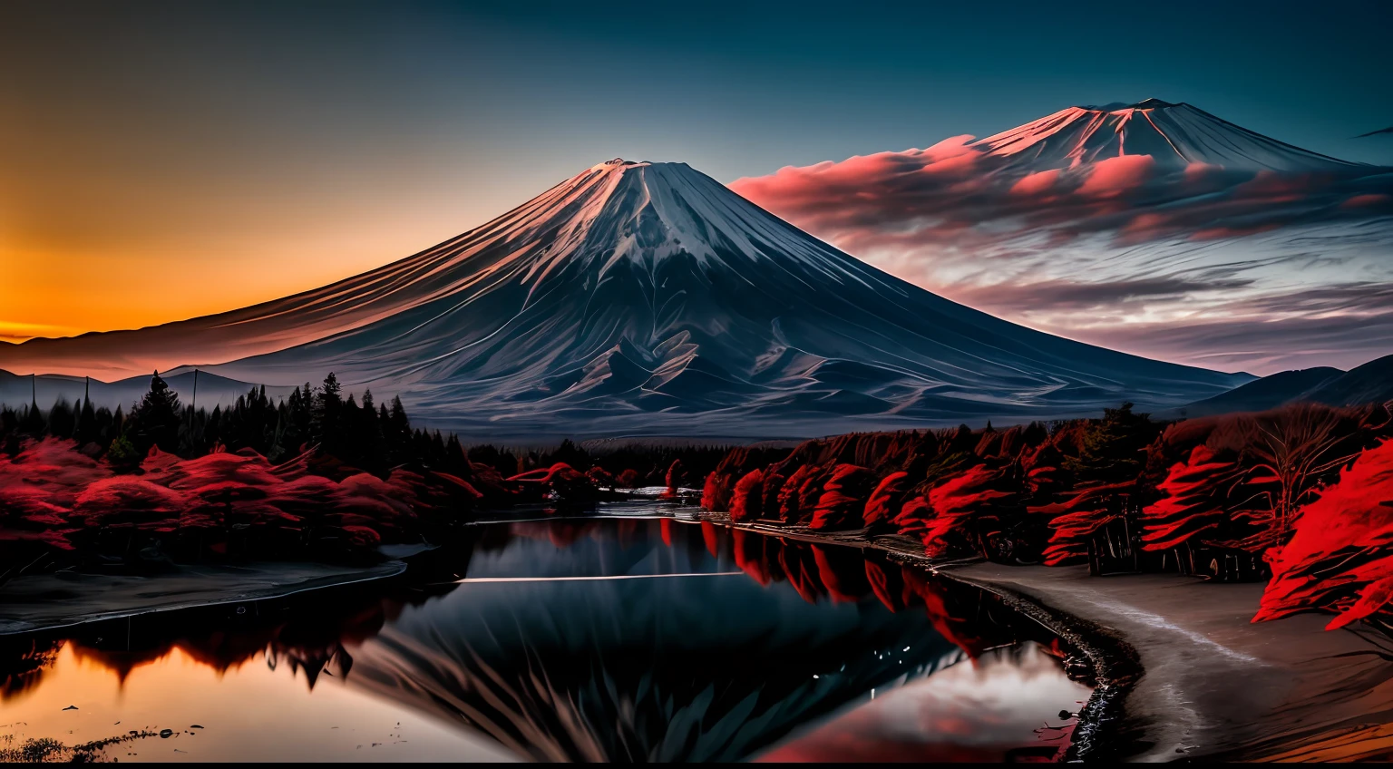 RAW photos of Mount Fuji, delicately beautiful photorealistic, detail, photorealistic, ultra-realistic photos, 8k UHD, DSLR, dazzling sun, high quality, film grain, fujifilm XT3, (masterpiece), majestic Mt. Daisen, reflection on the surface of the lake, red Fuji, bright red mountain surface, red sky, flowing clouds, red clouds, old lens, strong light, backlight, (ghost,)