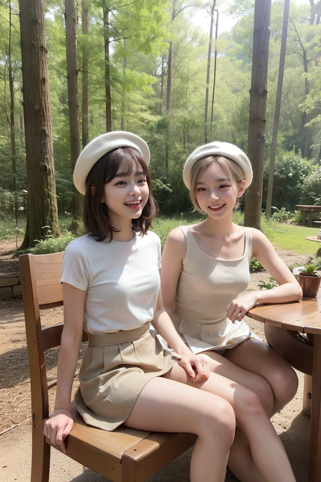 Photo Real、photoRealstic、top-quality　Beige hair、short-haired、Lots of bangs、Hair bouncing outward、bouncing hair、Messy bouncing hair、beret　The contours of the face are round、small mouth、a small face、drooing eyes、big eye、Young Face、a baby face、Beautiful skin　White fashionable clothes、Beige long skirt、long  skirt　18year old、young body、skinny  body、Beautiful skins　Laughing、Laughing expression、Facial expressions to enjoy、Sit elegantly in a chair　Background with、in woods、Sunlight shines in、Shade、beautiful forest、Wooden chair、vases