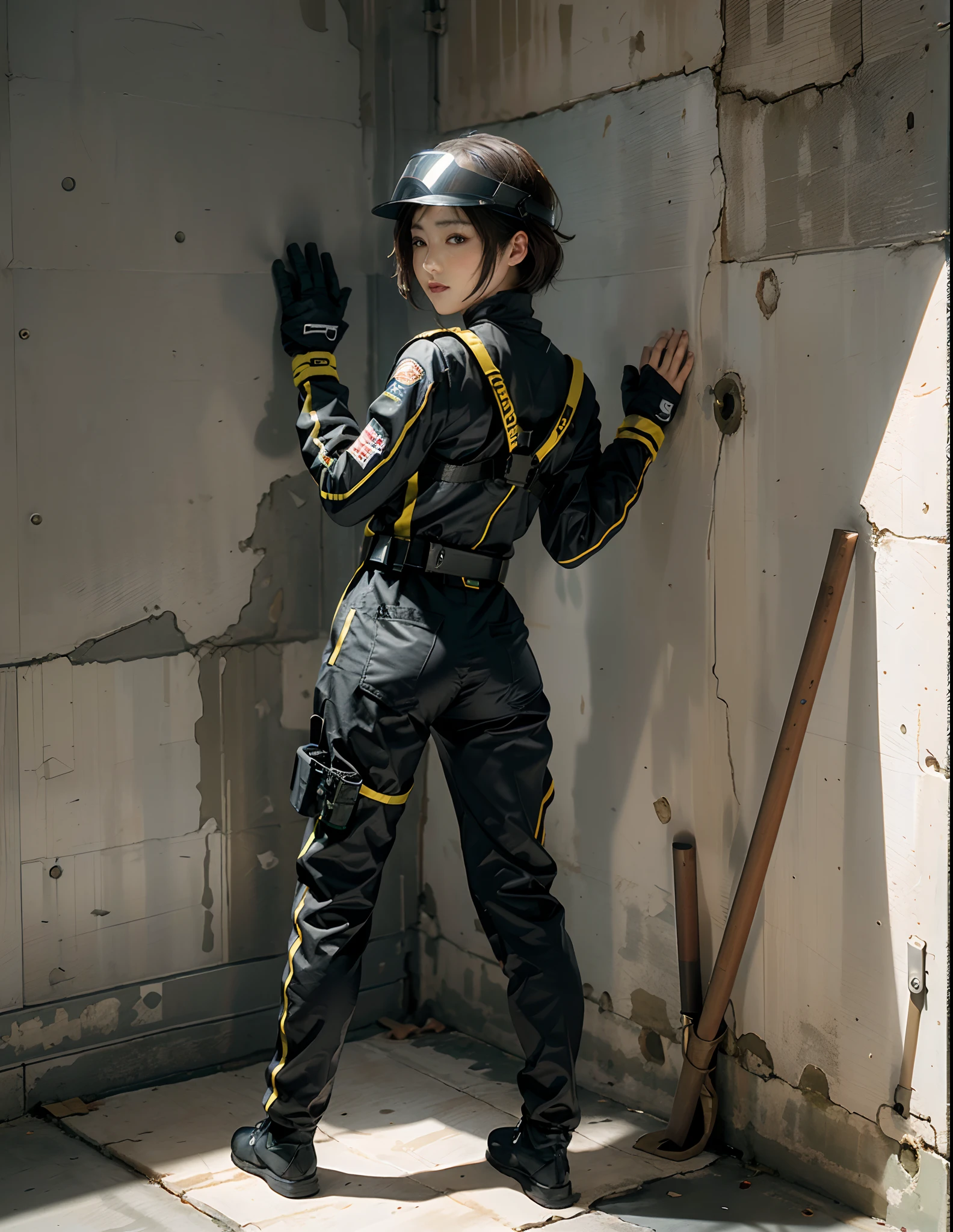 Highest image quality, outstanding details, ultra-high resolution, (realism: 1.4), (full body+foot, from behind, looking at the wall), ((highly condensed 1girl surrender, standing with putting your both arms up wide on the wall, open legs wide)), big waist:0.7, thick thigh:0.7, perfect proportion, (chubby:0.75), ((holding the wall)), short hair, captain, (wearing racing suit likes police uniform, black and gray mecha, wearing a visor, military harness, grenades, holding the wall), background simple grey wall,