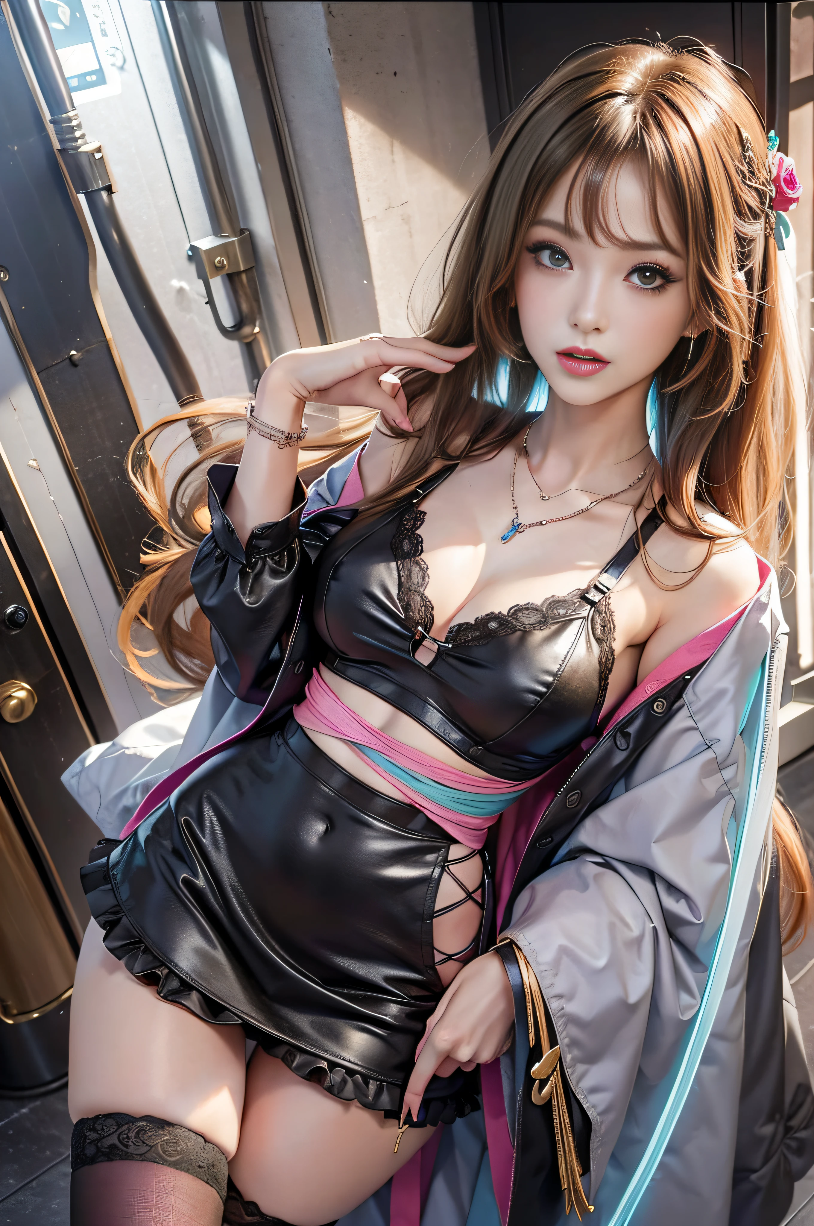 high-level image quality、Realistic as live-action、1 photo、a short skirt、T back、Colorful eyes、bra very、Sticking out the buttocks、garter stocking、Angle from above、newyork、a bar counter、Luxury Lounge、A smile、独奏、Colossal tits、long slender legs、Light hair color、Sexy clothes、Clothes in flashy colors、耳Nipple Ring、a necklace、A bracelet、Seductive eyes、A slender、Constricted waist、elegant seducing pose、gorgeous model、Female sexy、various seducing poses、Beautuful Women