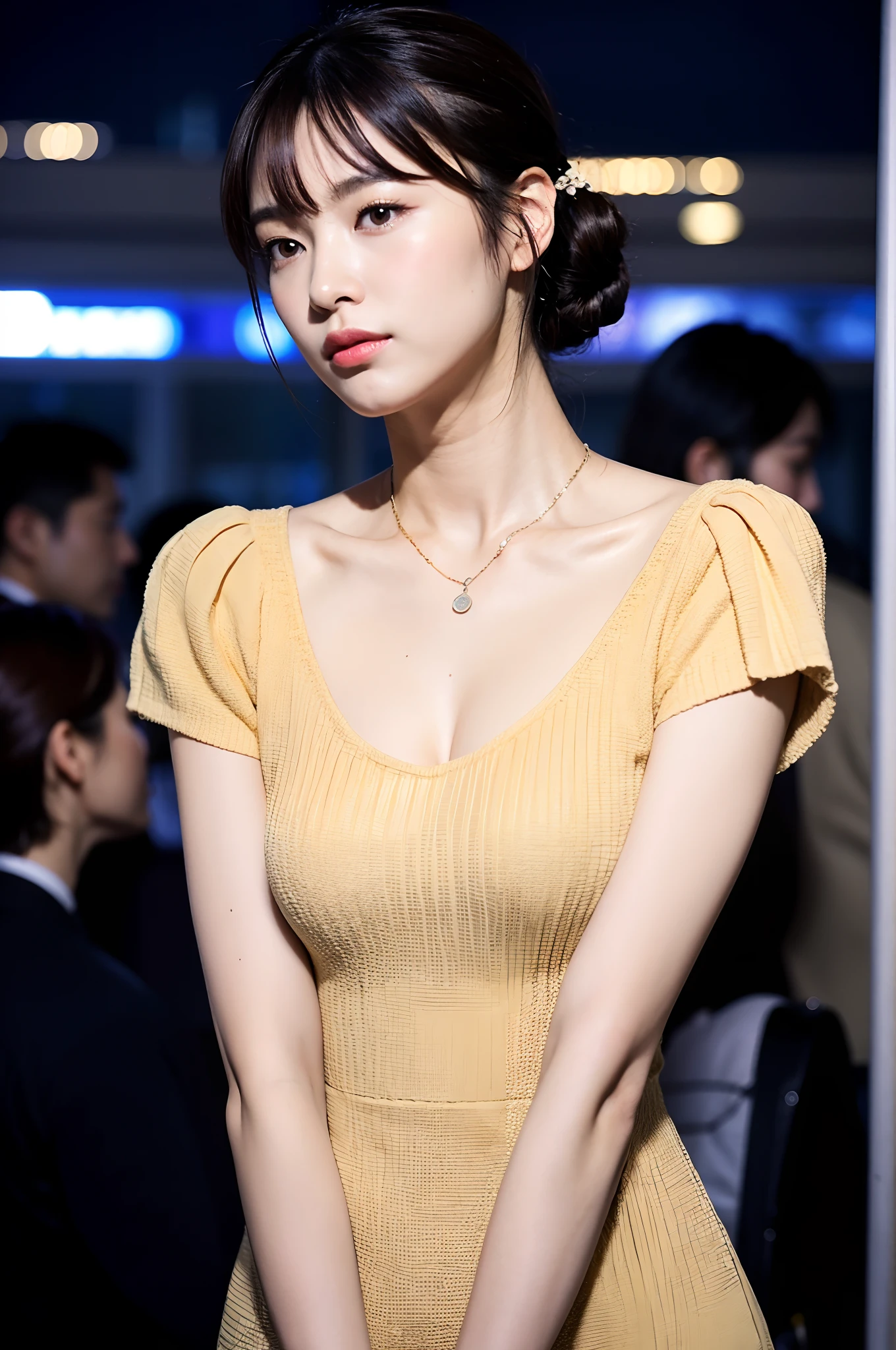 8K、top-quality、​masterpiece、超A high resolution、a picture、beautiful japanese female、Elegance、There is a good、Gentle、intelligence、Moist beauty、The eyes are far away、Transparent atmosphere、Beautiful face、Keep hair up and down、Raised corners of the mouth、Gradient lighting、1girl in、Delicate skin、a necklace、A bracelet、wrist watch、Look into the distance、Brown-eyed、small tits、breasts are small、Very small、You can clearly see the shape of the chest、(realisitic:1.4)、(top-quality:1.0)、(超A high resolution:1.0)、Striped Sweater Dress、Slim Fit、beige colors、Striped pattern、shortsleeves、want me、Take your eyes off、The bust is protruding、areola is visible、total darkness、subject、Lean、Distract your gaze、looks to the side、Makoto、stick out buttocks、Angle from the side、Bangs shed to the side、organize your hairstyle well、eyes to eyes、Moist beauty、SLR、excited、Ginza at night、Building lights、nighttime scene、nigh sky、night landscape、bustling city、walk、Walking with a Female Friend、Walking briskly、Cutting through the wind and walking、
