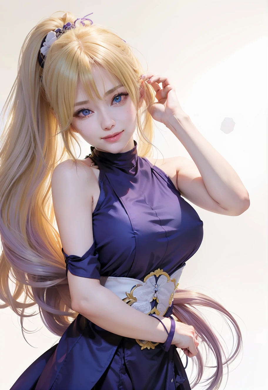 1girl, yamanaka ino, long hair, sexy dress, yellow hair, blue eyes, smile, beautiful, purple clothes, very big breast, sexy clothes, indoor wallpaper, wallpaper realistic, wallpaper detail, indoor background, ultra detail, realistic