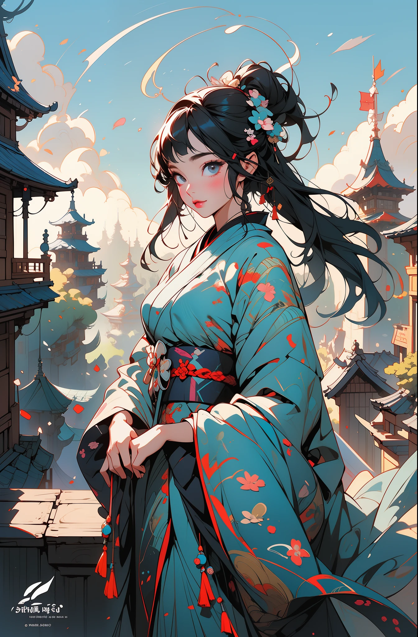 anime girl in a blue kimono dress sitting on a ledge, nice hands, nice face, nice body, alice x. zhang, artwork in the style of guweiz, ross tran 8 k, guweiz on artstation pixiv, guweiz on pixiv artstation, by Yang J, beautiful character painting, ross tran and wlop, palace, a girl in hanfu, ross tran style