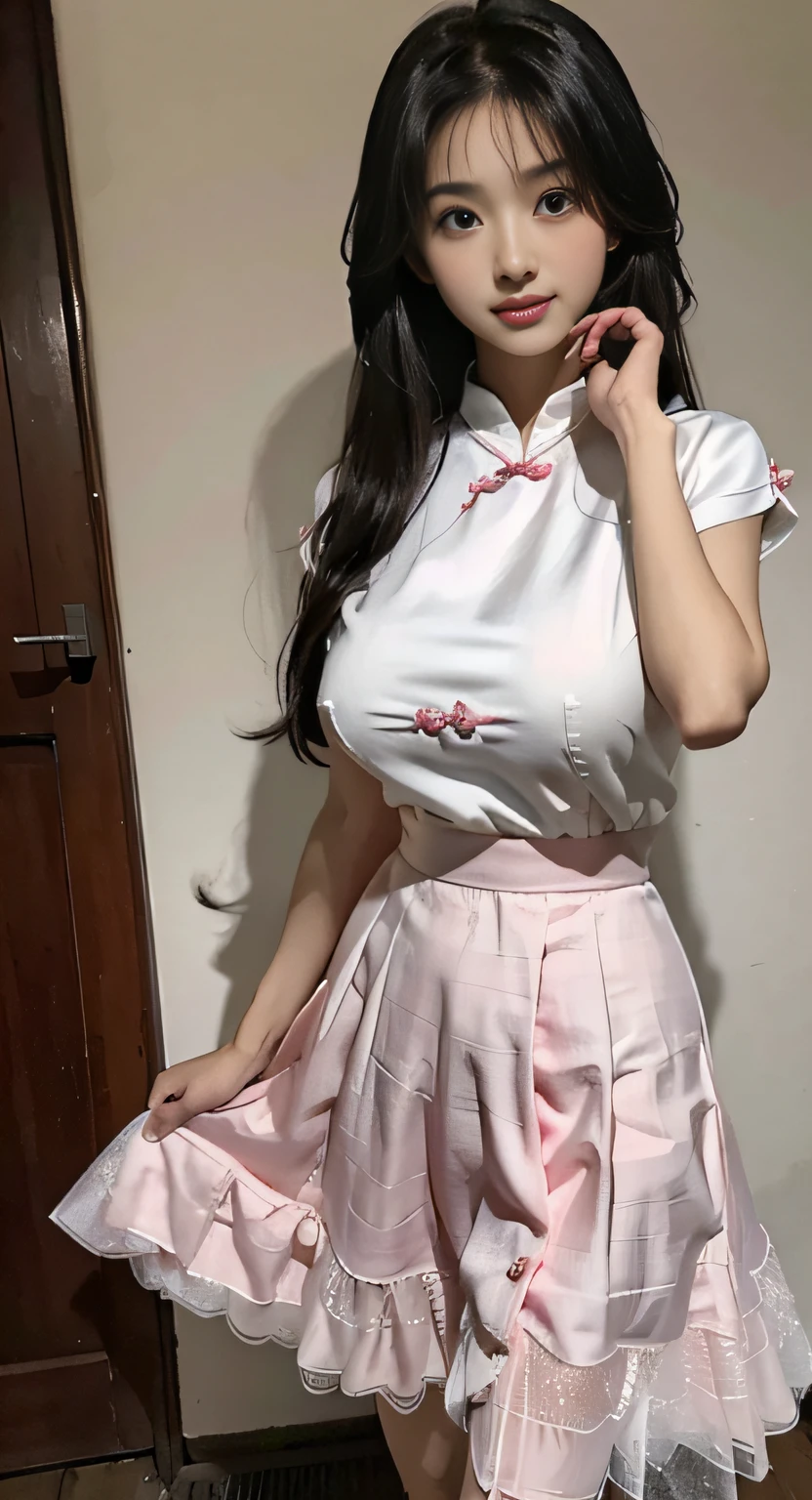 Master quality, highest quality, best picture quality, exaggerated details, a princess cute 8 year old asian with a shy expression, slightly squinted eyes, adjusting her hair, long eyelashes (long hair / very, very exaggerated big breasts, big tits / in pink white pentticoat, qipao dress, short skirt), posing in front of the camera, wet breast see under wear, open slim and tall waist, silk lace
