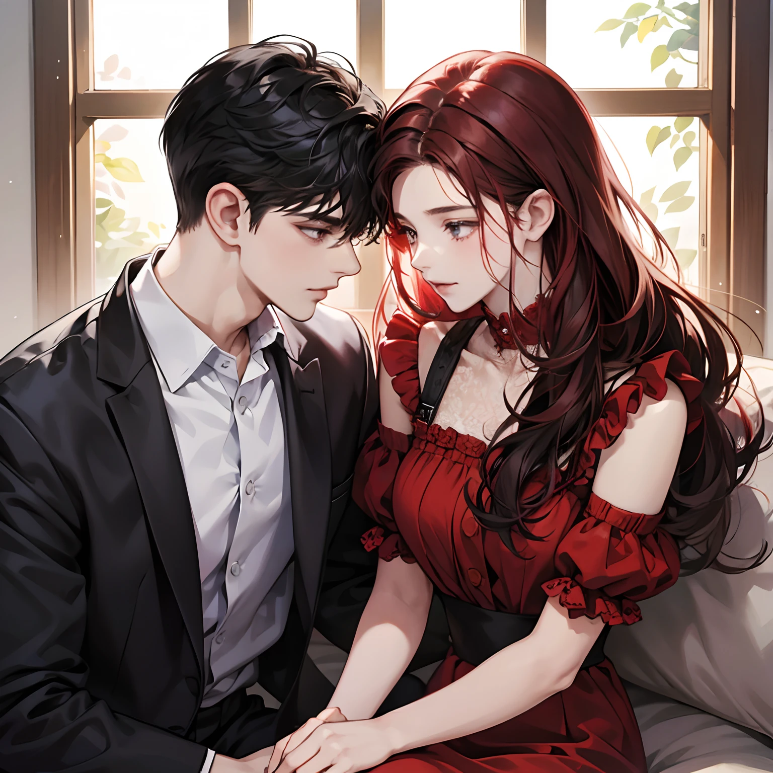 A girl with red hair, with wide, innocent brown eyes, a small drawn nose, and pink lips, wearing a sweater with white wings on it, with a young man with drawn eyes, wide eyebrows, and a sharp look, with a baz-cut hairstyle, with a sweater with white wings on it, and love appears between them.