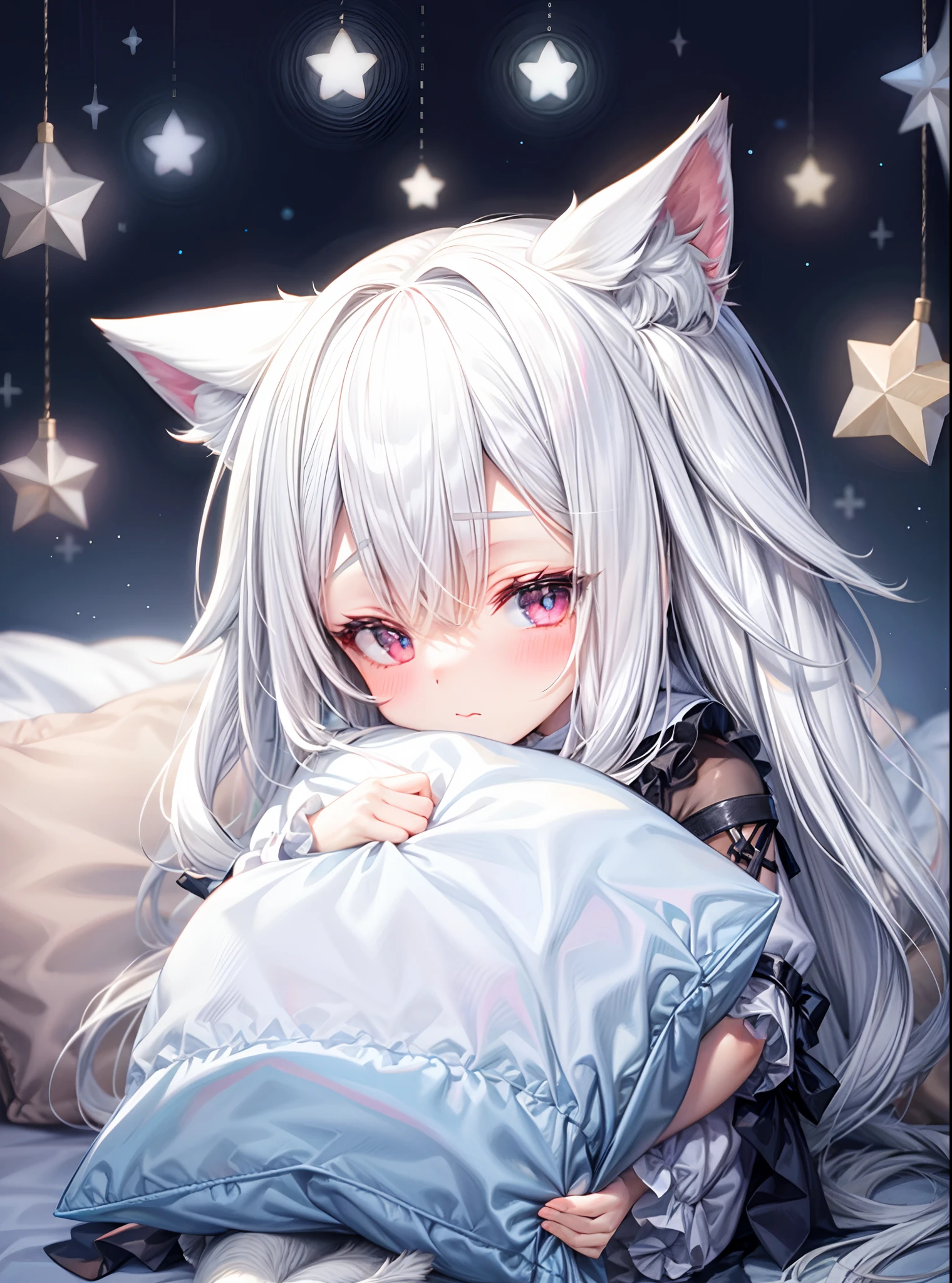 anime girl with white hair and white cat ears laying in bed, from arknights, cute anime catgirl, nightcore, top rated on pixiv, white cat girl, nekomimi, pixiv, anime catgirl, white - haired fox, pixiv style, beautiful anime catgirl, pixiv daily ranking, anime girl with cat ears, at pixiv