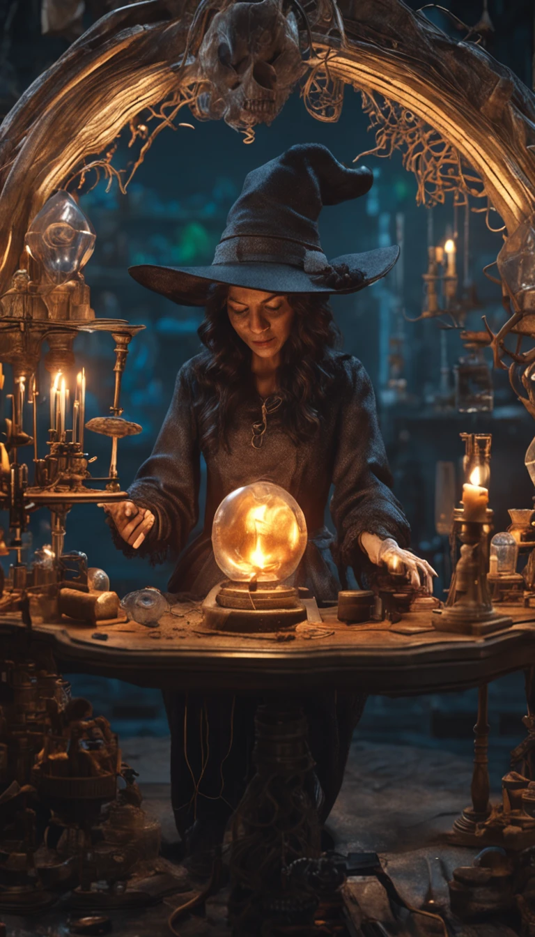 extremely detailed witch figure without hat in an alchemy lab, de frente a um espelho, observando o seu reflexo