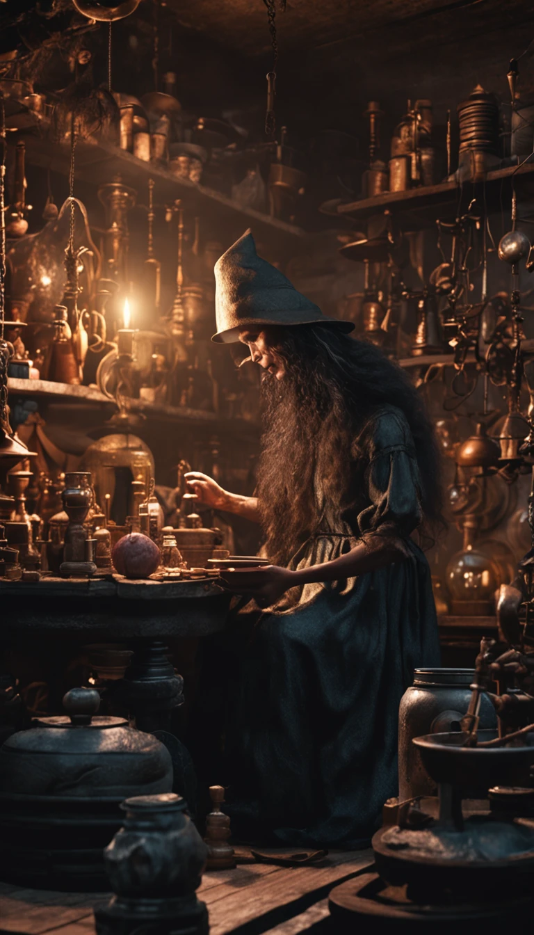 extremely detailed witch figure without hat in an alchemy lab, de frente a um espelho, observando o seu reflexo