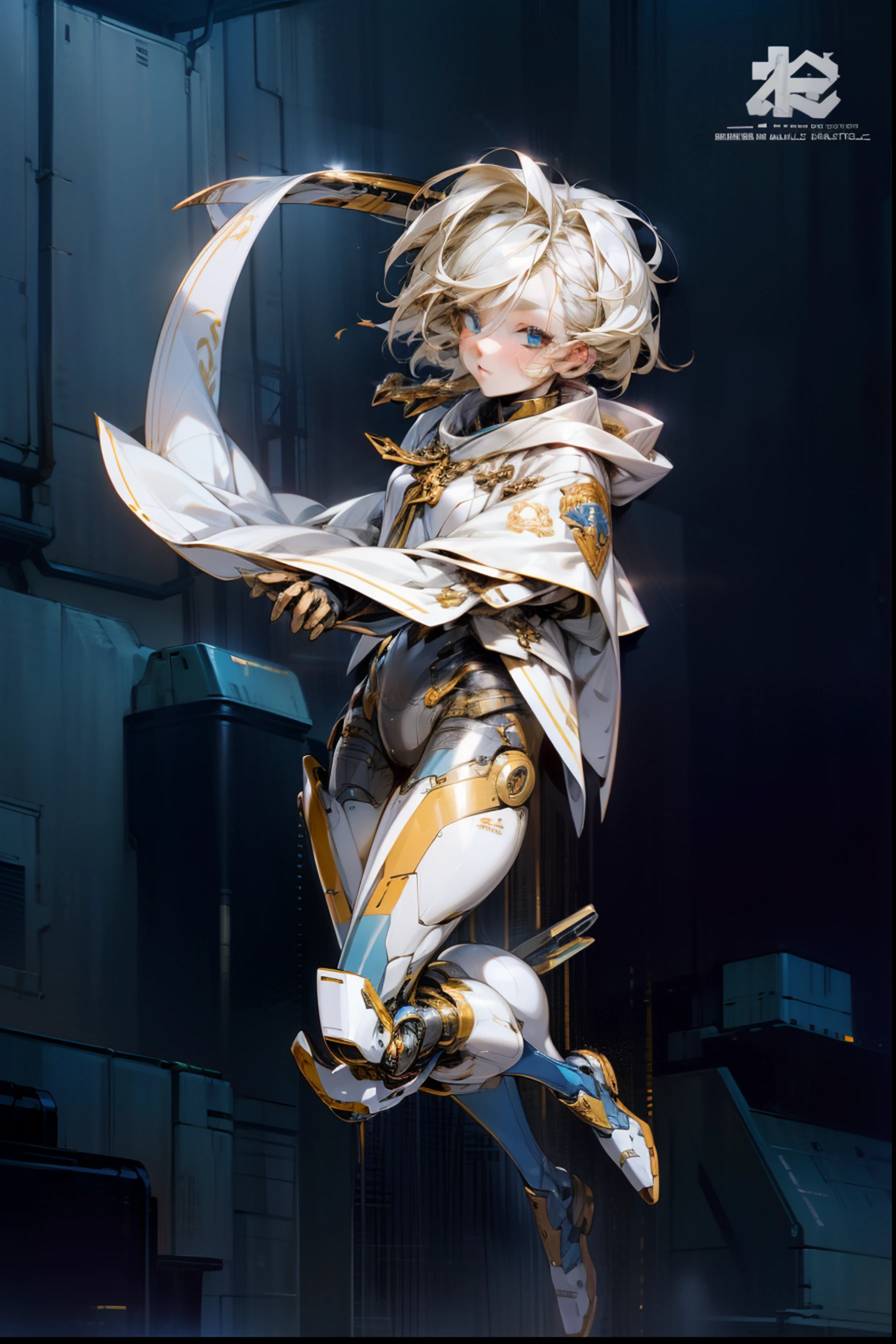 High Quality, Ultra High Resolution, Ultra Realistic, Super Detailed, Robot, Humanoid, Slim, beautiful, 1girl, yellow hair, short hair, blue eyes, Full Face, Full Body, female, Metallic, Metallic, Luxury, Metallic, One Japan Sword, One