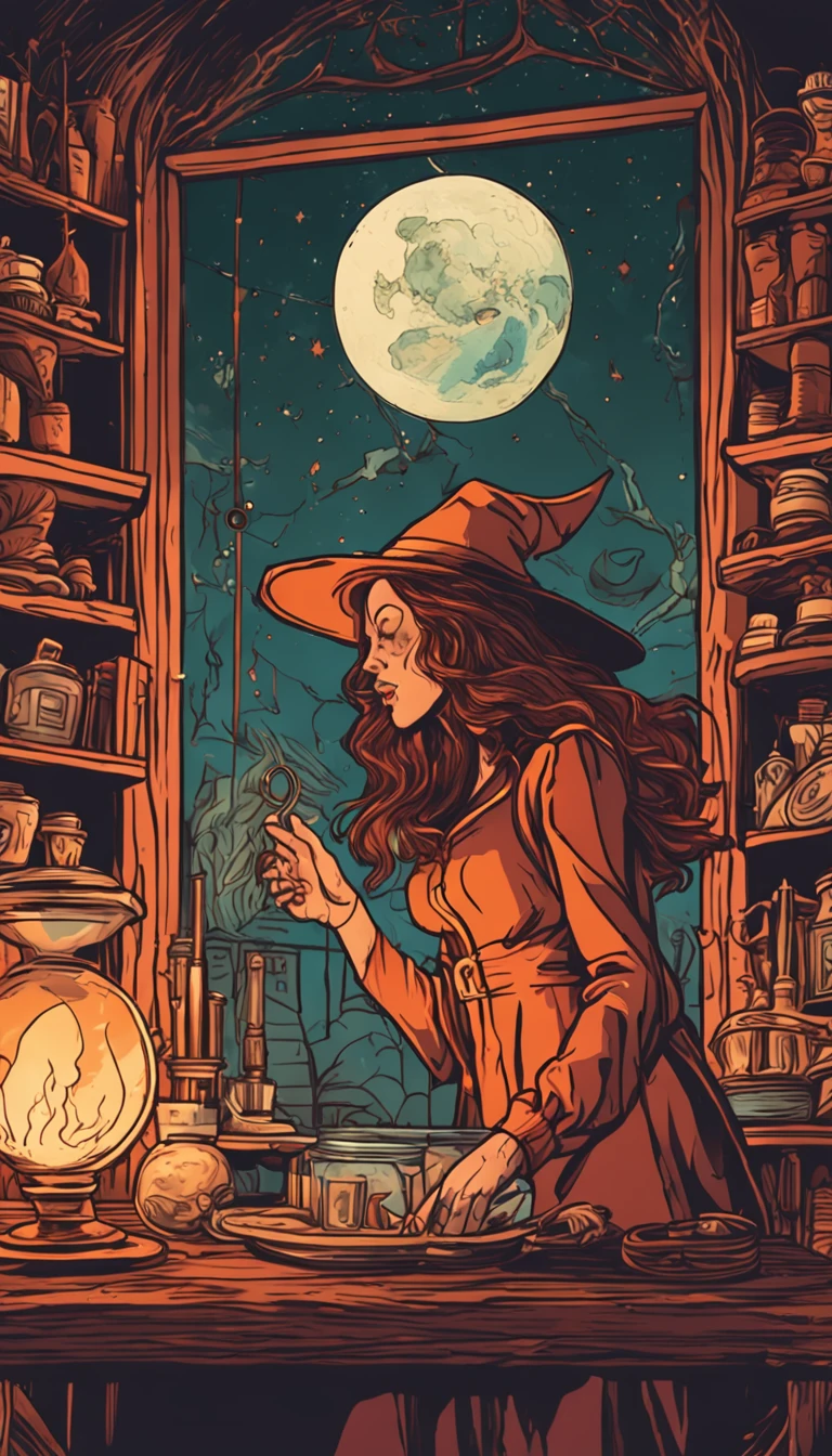 Witch without a hat in an alchemy lab in front of a mirror looking at her reflection