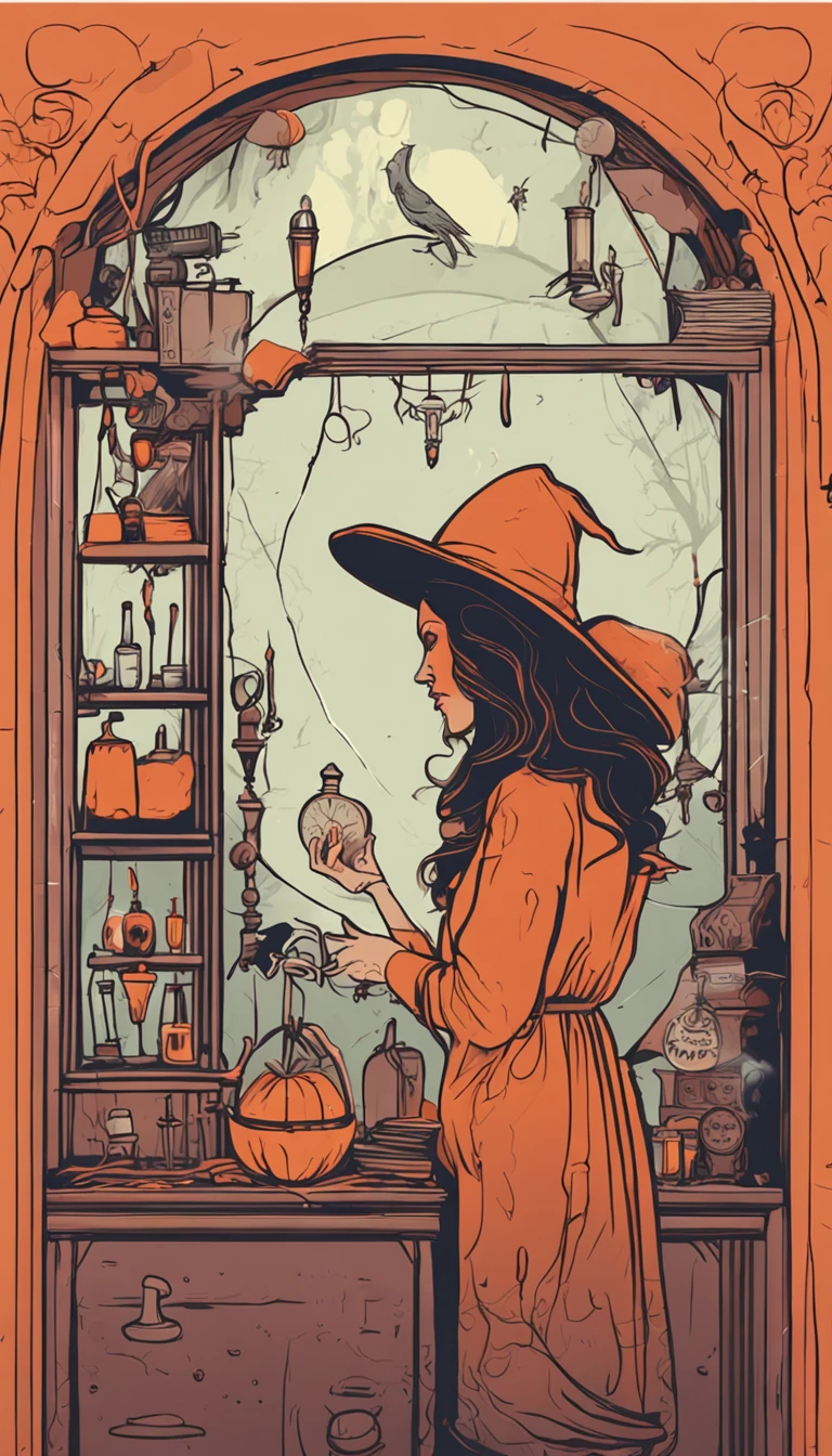 Witch without a hat in an alchemy lab in front of a mirror looking at her reflection