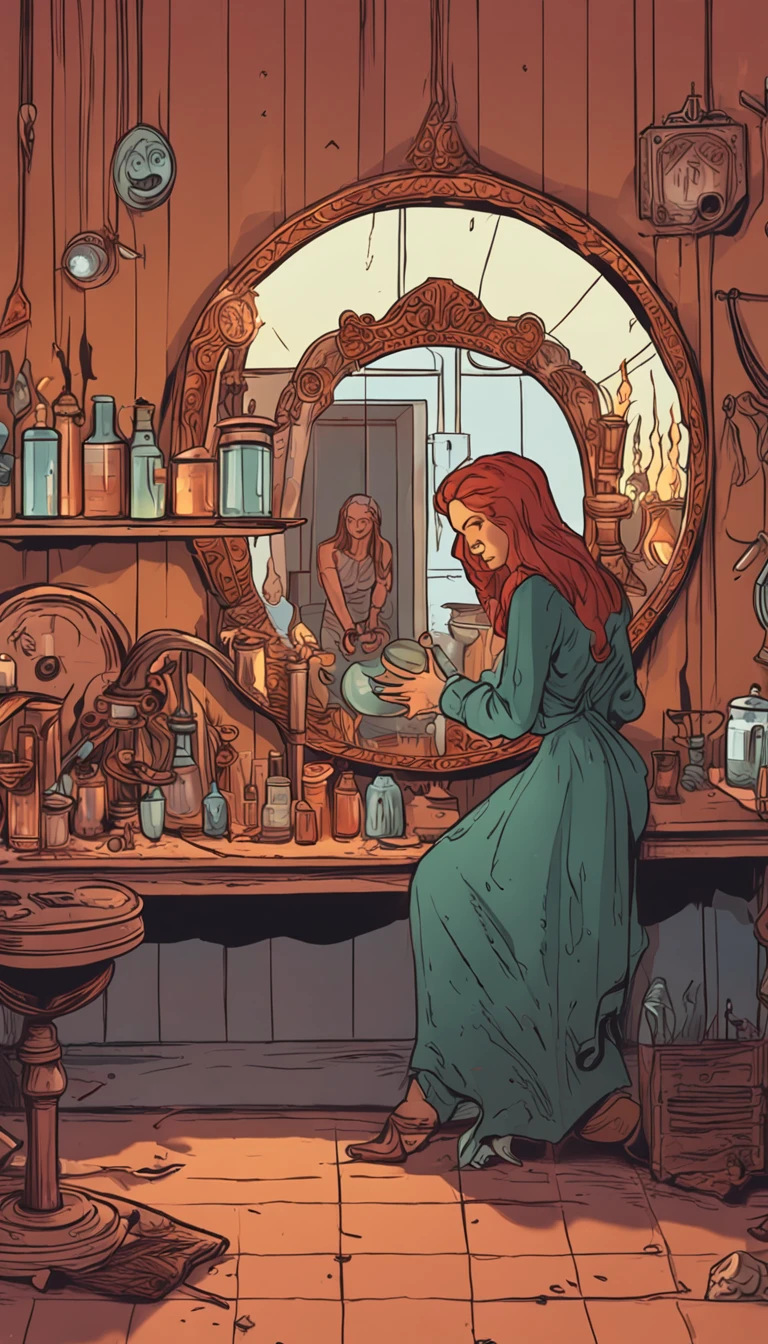 Witch without a hat in an alchemy lab in front of a mirror looking at her reflection