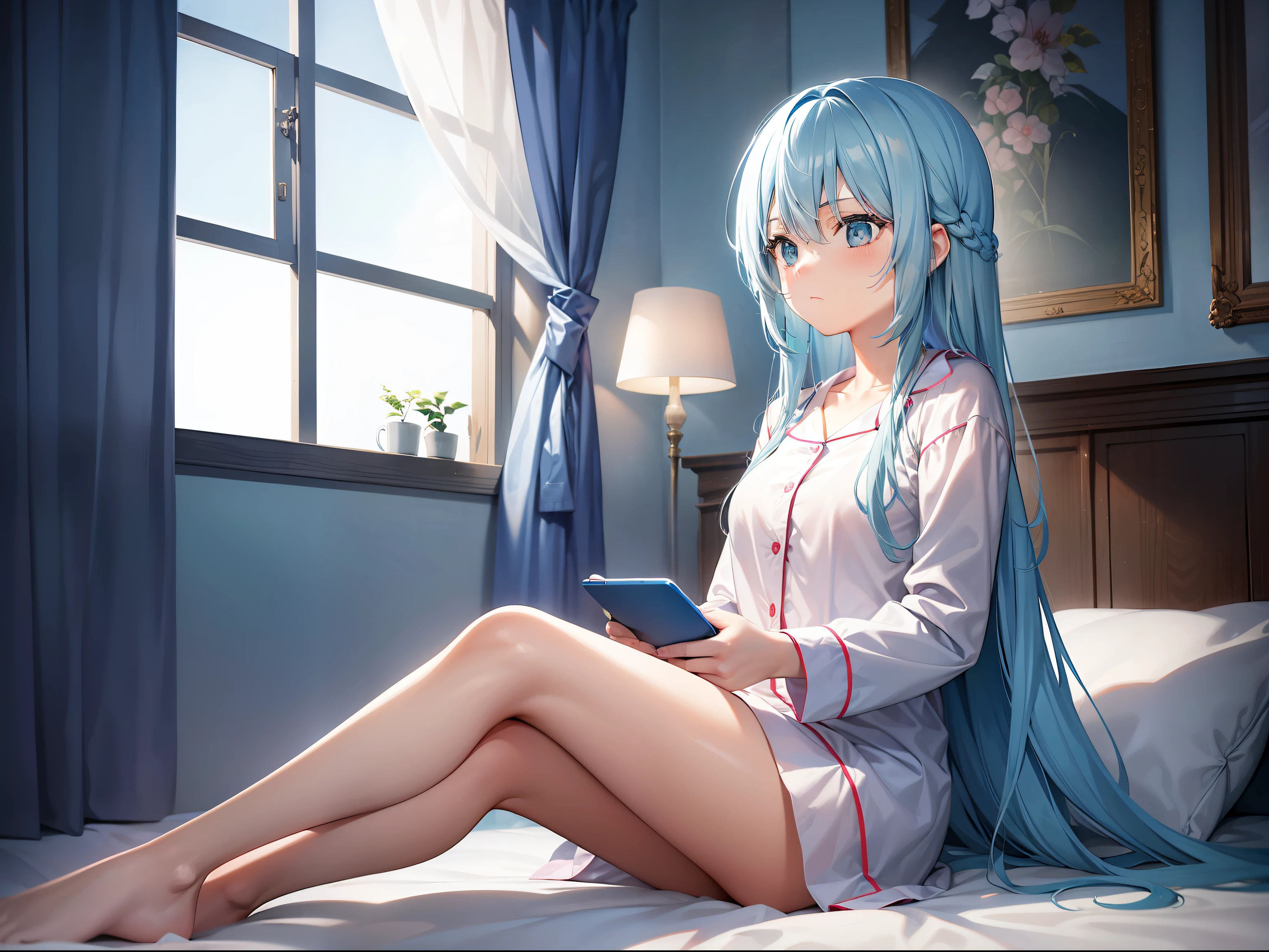 A girl with long light blue hair,wearing pajamas,sit on a bed,Look at the phone,tense look,Inside the dimly lit room