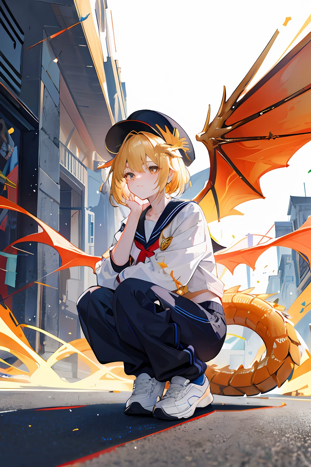 teens girl，shyexpression，JK，A flustered expression，panic-stricken，in school uniform，blue and white sportswear，Black sweatpants，White sneakers，Short blonde hair，Messy hair，A lot of golden lightning is around，Asian squat，Crouch on the side of the road，bangs covering eyes，Wears a black round hat，With elongated western dragon horns，Huge golden dragon wings，Huge golden dragon wings，The wings of a huge golden dragon as big as its body，The body is covered by the wings of a huge golden dragon，Golden pupils，Only a pair of wings，large wings，The wings of the largest dragon,The wings of the largest dragon，There are golden scales on the neck，The fingers are golden dragon claws，Elongated golden dragon tail