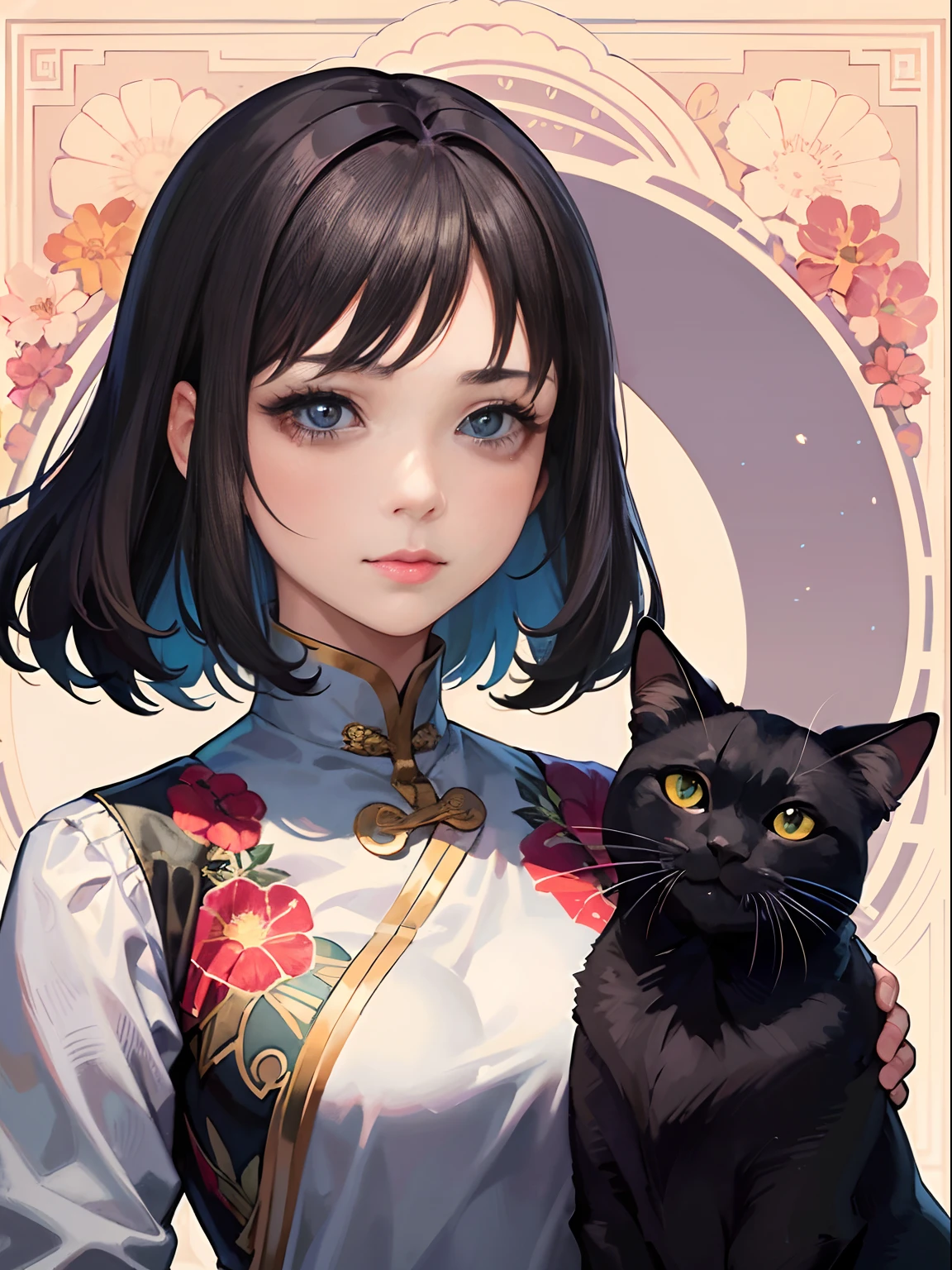 Facial portrait of Vietnamese woman with giant black cat, flowing short brown hair, beautiful purple ao dai, Floral frame,Decorative panels,abstract artistic,Alphonse Mucha(tmasterpiece,best qualtiy,A high resolution:1.4),A detailed,complexdetails,4K,splash of color,Line art,Fibonacci,Cute black cat