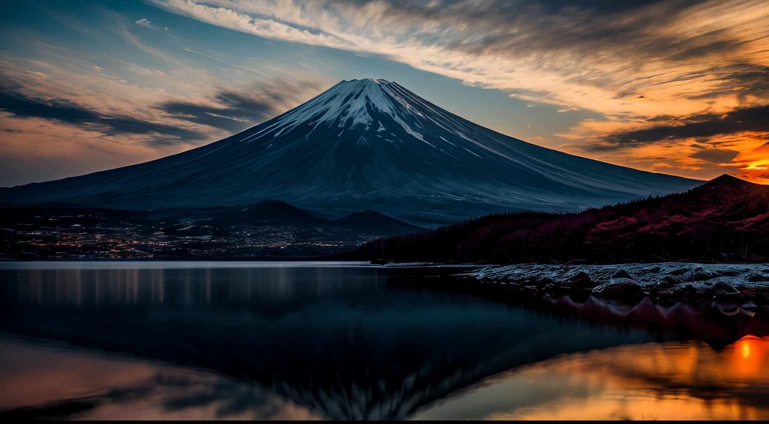 Teru Yamahara. Fuji, Exquisite and beautiful realistic photos, detail, Photorealistic, Ultra Realistic Photo, 8K UHD, Digital SLR, The sun is shining, High quality, filmgrain, Fujifilm XT3, (Masterpiece), Majestic mountains. koyama, reflection on the lake, Red Fuji, Red sky, flowing clouds, Shining, Reflection,