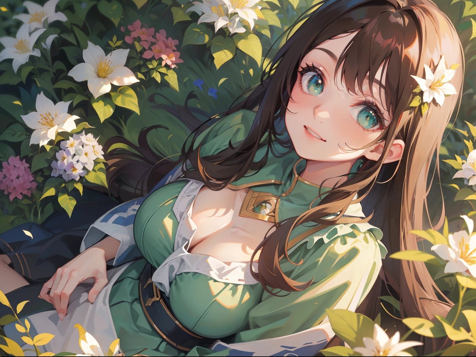 (masterpiece), (best quality), ultra high res, sharp focus, ((1 woman, solo)), upper body, dutch angle, beautiful detailed hair, chestnut brown hair, rapunzel long hair tumbles down, beautiful detailed face, ((beautiful shape eyes, green eyes)), perfect feminine face, comfortable face, look at the viewer, smiles, feminine light outfit, in the meadow of flowers, sitting on the ground