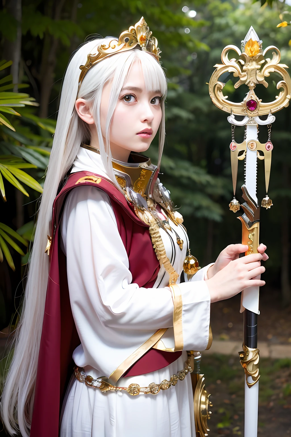(masutepiece), Professional , masterpiece、top-quality、photos realistic , depth of fields (Gemstone Silver Metal Body:1.9),(Matte White、 Gold Weapon_(Metal:1.4),Gorgeous metal weapons , Detailed Sword of the Brave , Beautiful knife ,warhammer 40k , adepta sororitas,Detail and ornate jewel crown、Brown hair、Gangle's forest background、Beautiful Caucasian beauty、1a person、dynamic ungle,(((Detailed and ornate diamond crown)))、Particles of light、