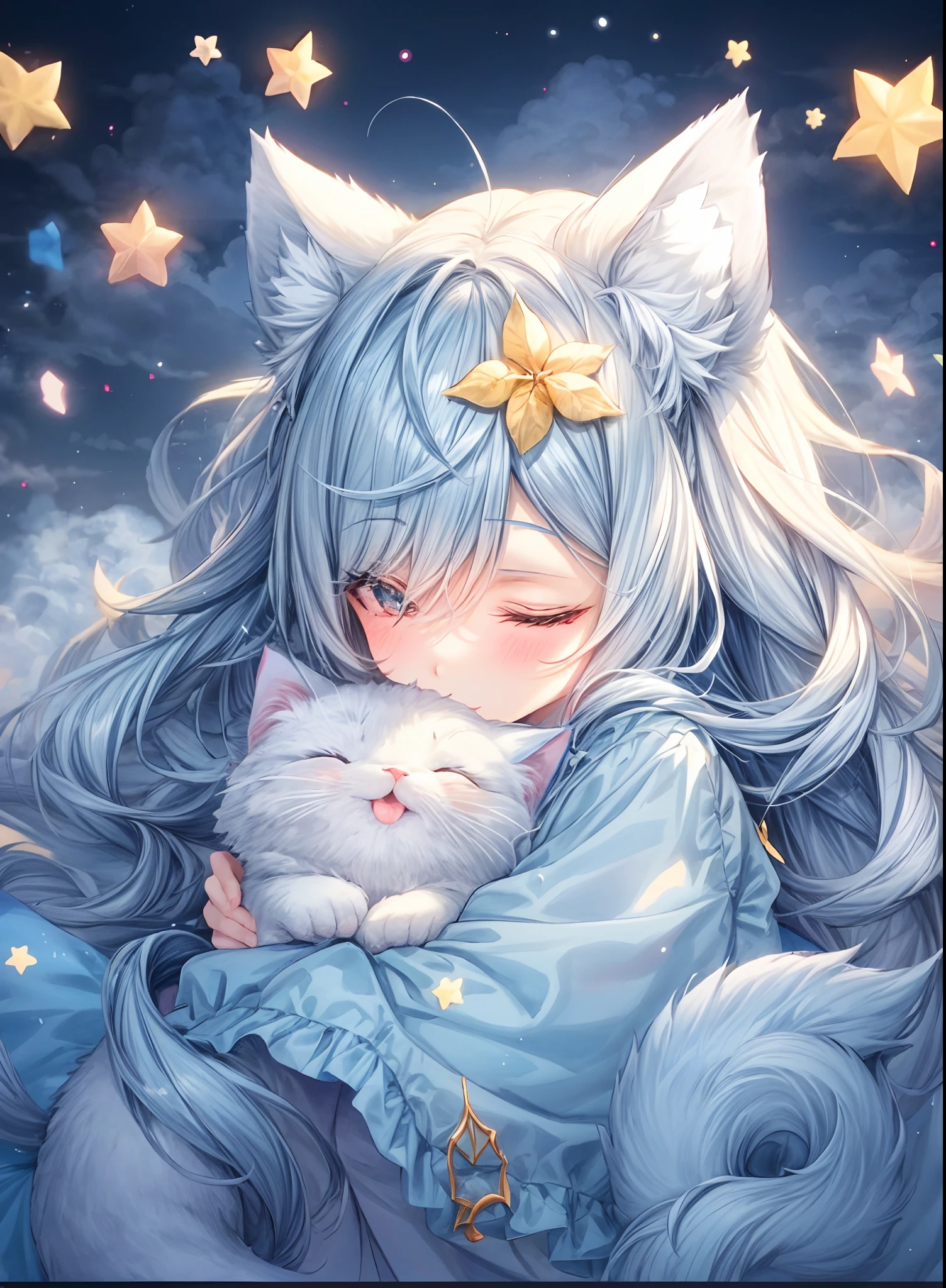 anime girl with blue hair and white cat ears sleeping in the clouds, top rated on pixiv, pixiv, cute anime catgirl, pixiv contest winner, pixiv style, nightcore, anime girl with cat ears, ahri, trending on artstation pixiv, pixiv trending, beautiful anime catgirl, very beautiful anime cat girl, pixiv daily ranking