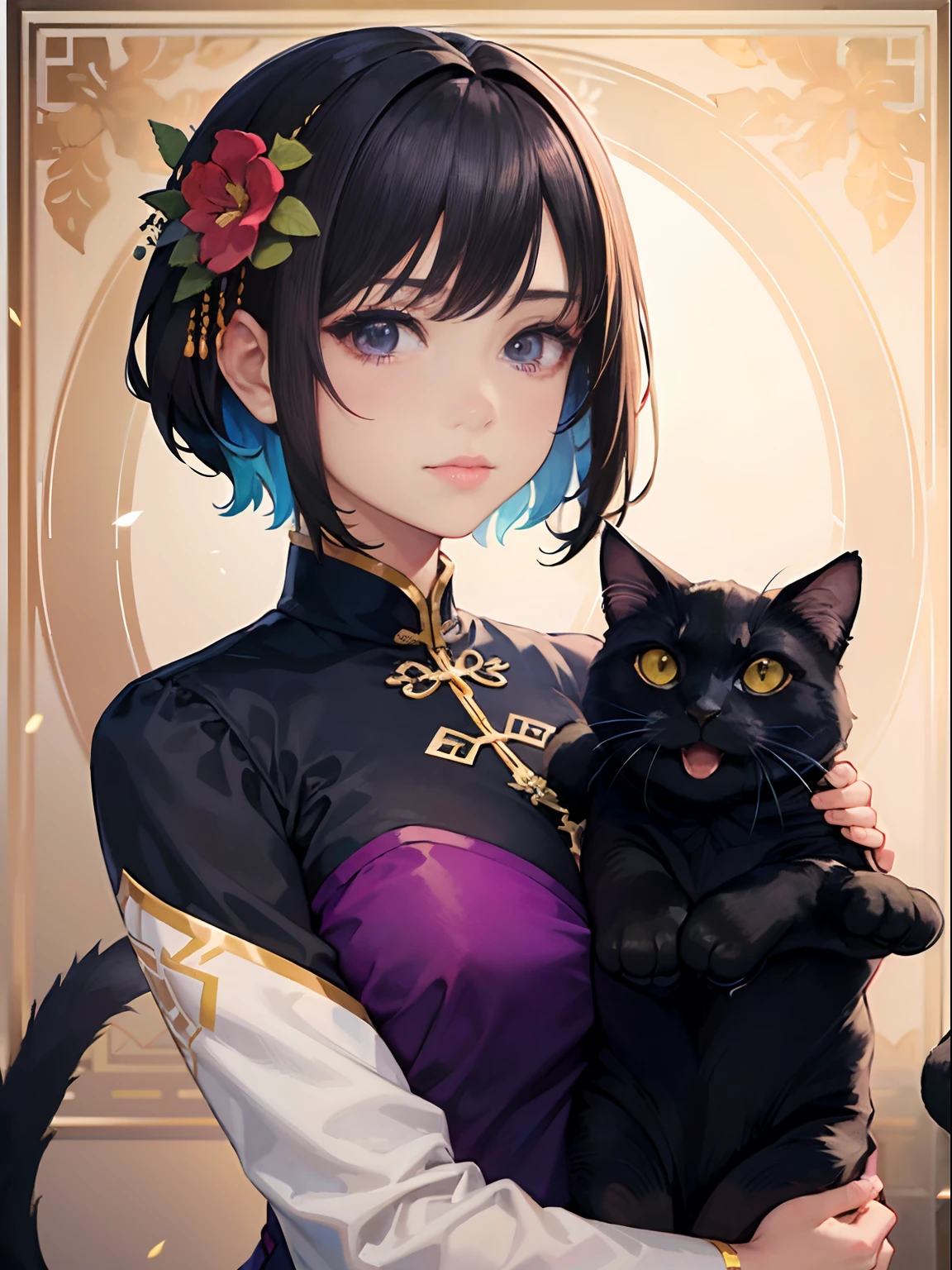 Facial portrait of Vietnamese woman with giant black cat, flowing short brown hair, beautiful purple ao dai, Floral frame,Decorative panels,abstract artistic,Alphonse Mucha(tmasterpiece,best qualtiy,A high resolution:1.4),A detailed,complexdetails,4K,splash of color,Line art,Fibonacci,Cute black cat